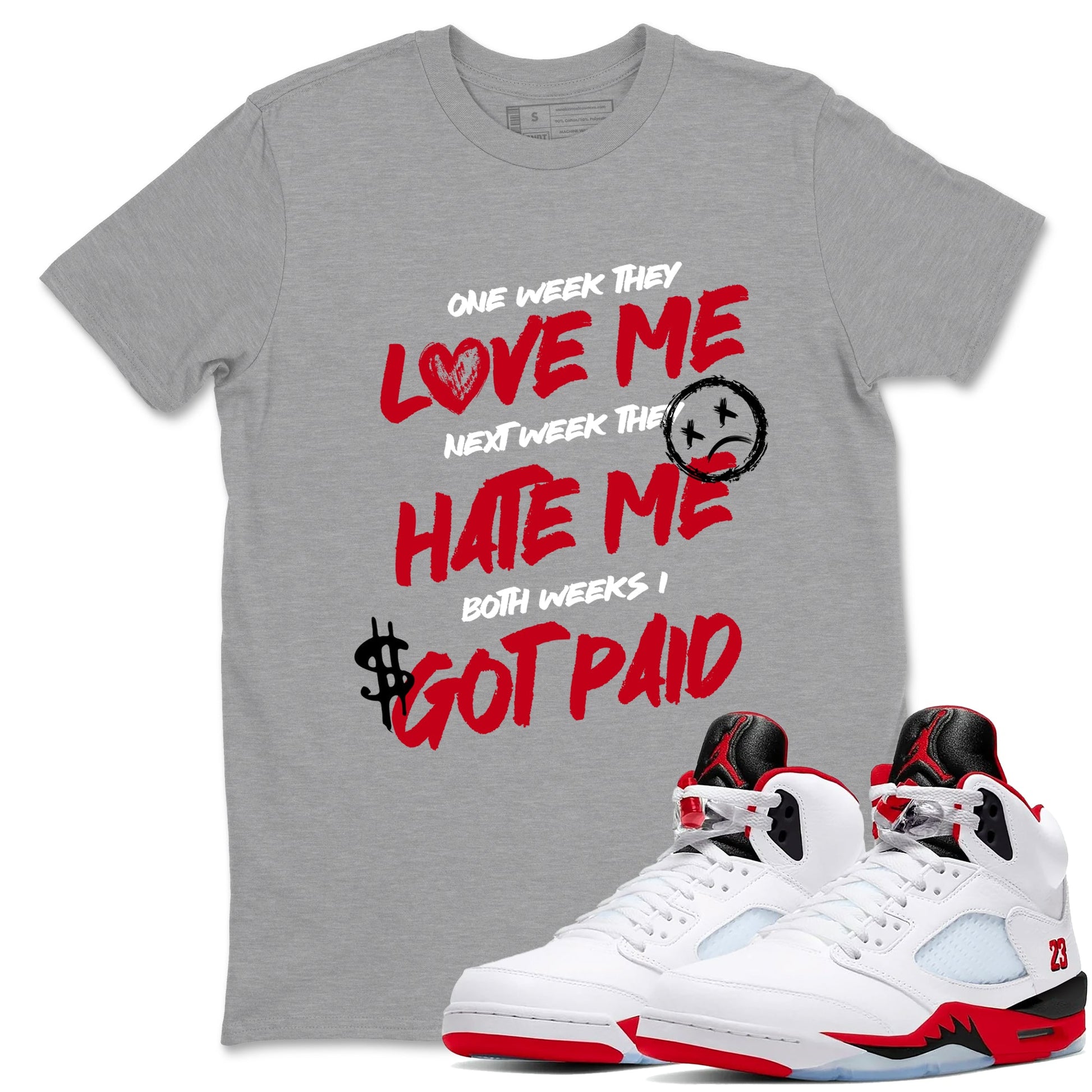 Sneaker match tees – Sneaker Tees To Match Air Jordan 5 Fire Red Shoes – I Got Paid Tee Heather Grey 1