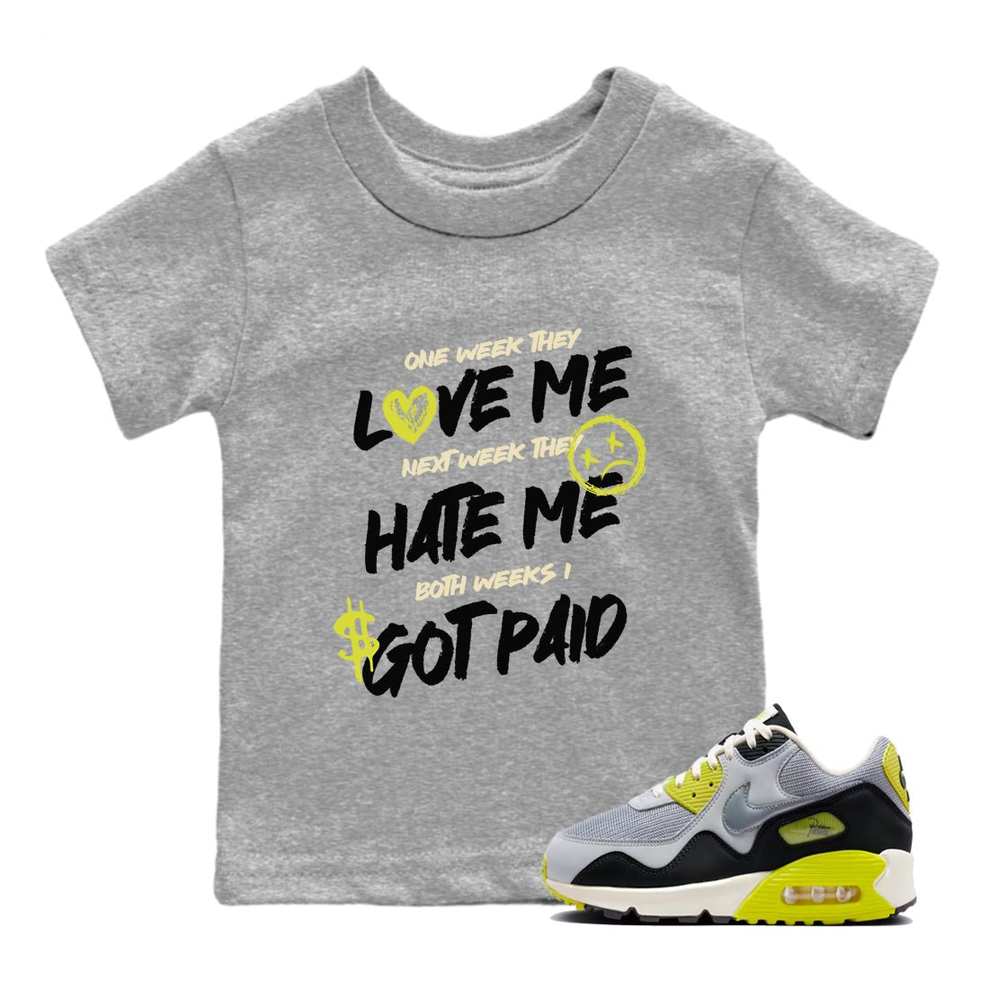 I Got Paid baby and kids t-shirt crafted for little sneakerheads to shine with the Air Max 90 Cyber sneakers, displayed in Heather Grey 1.