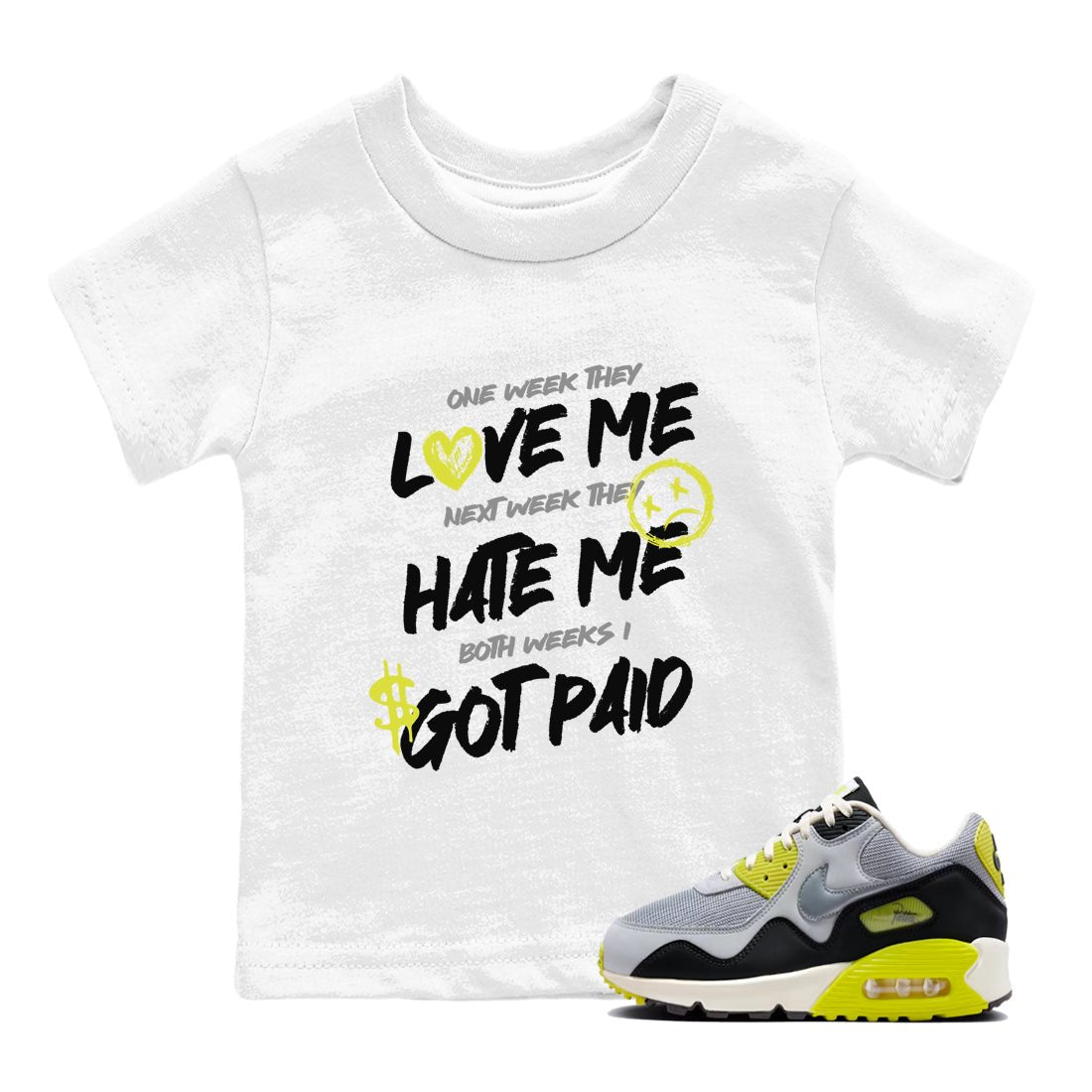I Got Paid baby and kids t-shirt crafted for little sneakerheads to shine with the Air Max 90 Cyber sneakers, displayed in White 1.