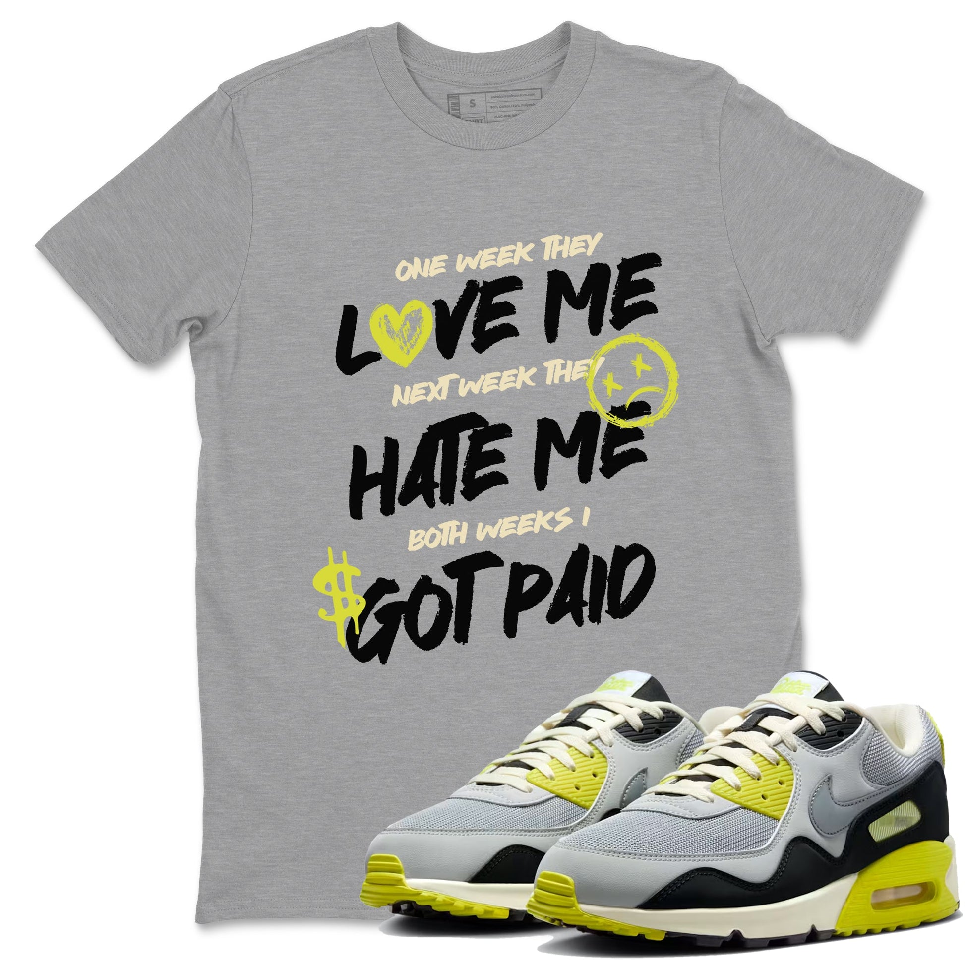 I Got Paid sneaker match t-shirt styled to complete your fit with the Air Max 90 Cyber sneakers, shown in Heather Grey 1.
