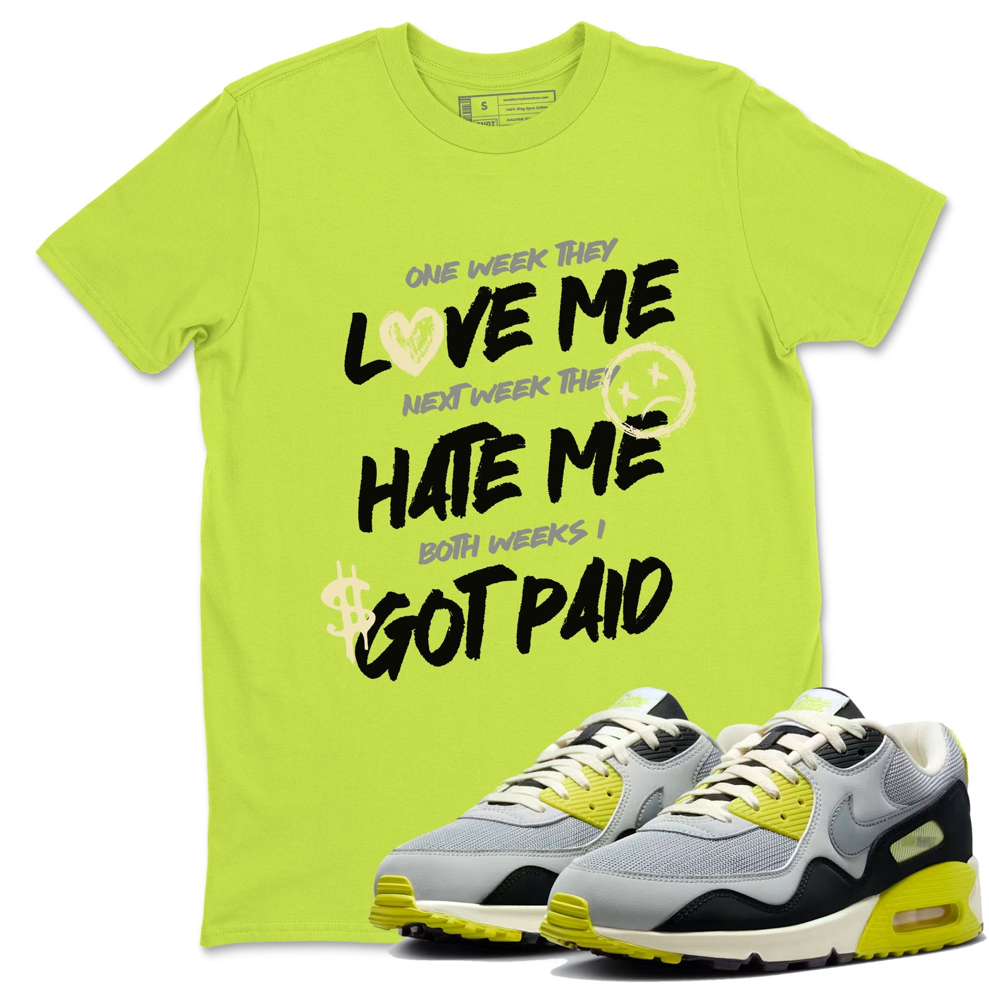 I Got Paid sneaker match t-shirt styled to complete your fit with the Air Max 90 Cyber sneakers, shown in Safety Green 1.