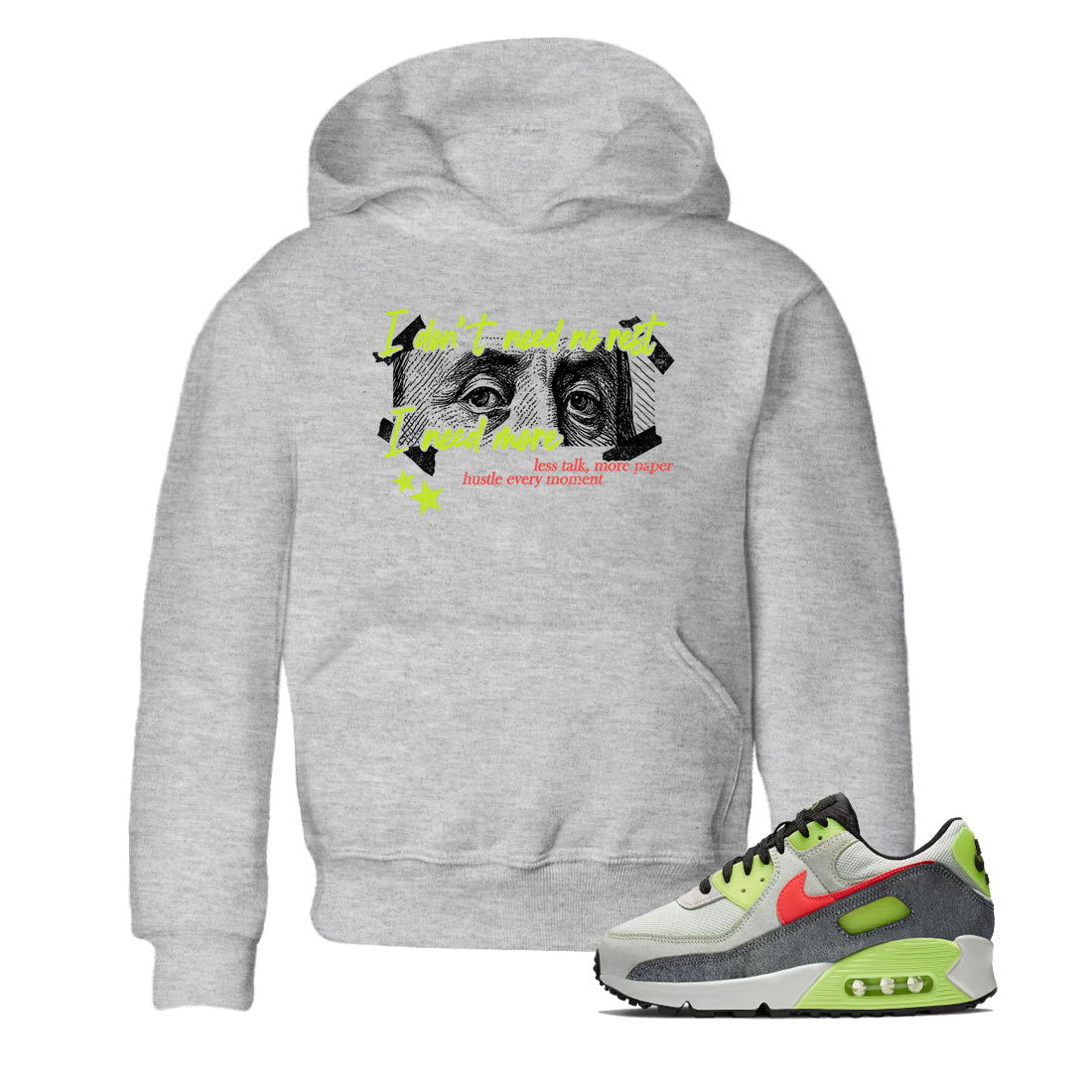 Sneaker Threads – Sneaker Tees To Match Air Max 90 Spruce Aura and Ghost Green – I Need More Youth Graphic Tee Heather Grey 1. Perfect for Jordan releases 2025 colorways.