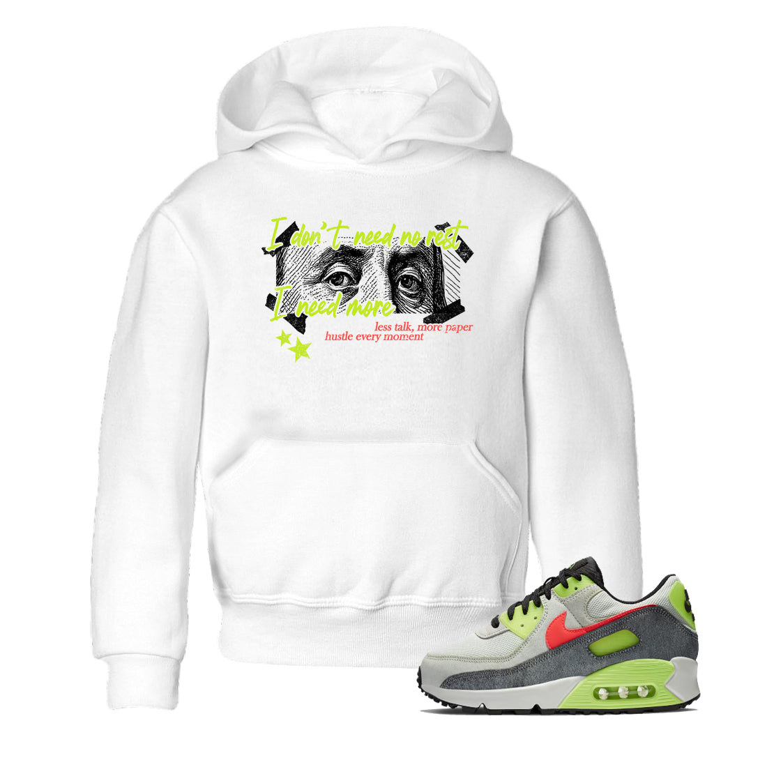 Sneaker Threads – Sneaker Tees To Match Air Max 90 Spruce Aura and Ghost Green – I Need More Youth Graphic Tee White 1. Perfect for Jordan releases 2025 colorways.