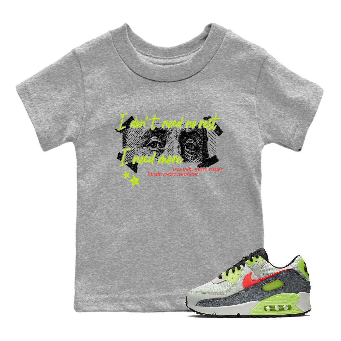 Sneaker Threads – Sneaker Tees To Match Air Max 90 Spruce Aura and Ghost Green – I Need More Youth Graphic Tee Heather Grey 1. Perfect for Jordan releases 2025 colorways.