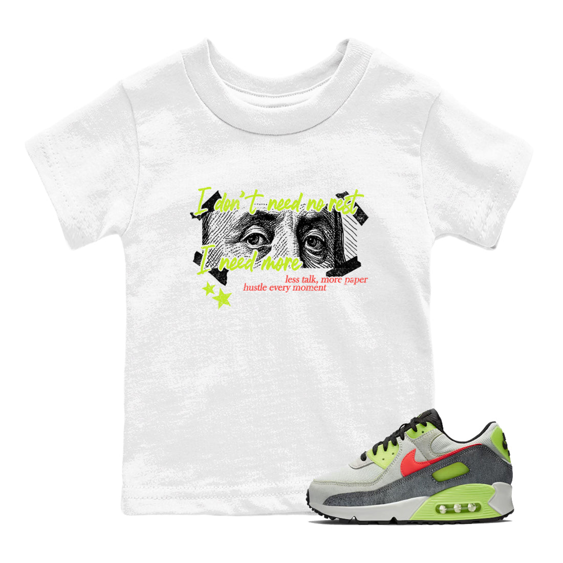 Sneaker Threads – Sneaker Tees To Match Air Max 90 Spruce Aura and Ghost Green – I Need More Youth Graphic Tee White 1. Perfect for Jordan releases 2025 colorways.