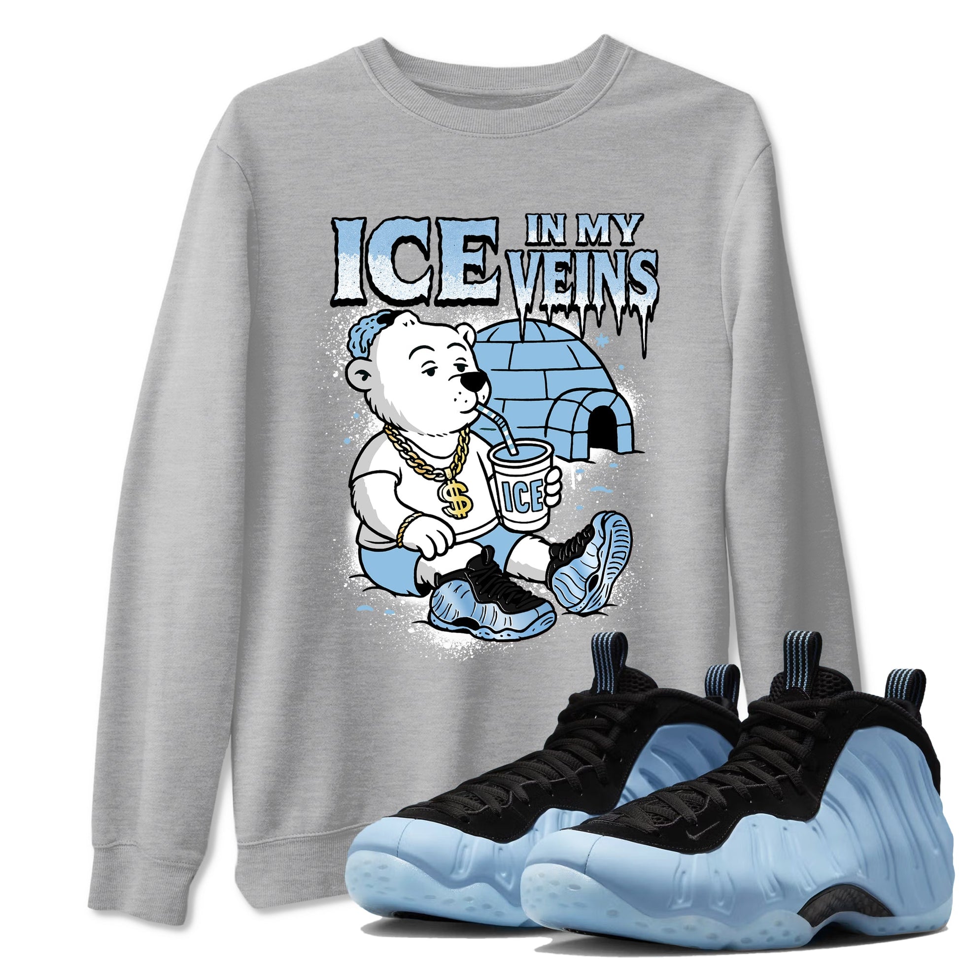 Ice In My Veins sneaker match t-shirt styled to complete your fit with the Air Foamposite One Psychic Blue sneakers, shown in Heather Grey 1.