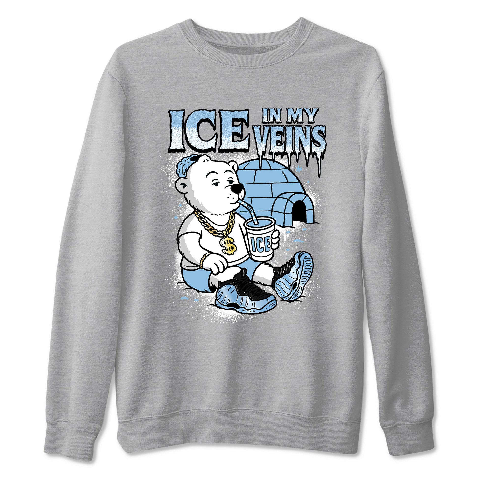 Ice In My Veins sneaker match t-shirt styled to complete your fit with the Air Foamposite One Psychic Blue sneakers, shown in Heather Grey 2.
