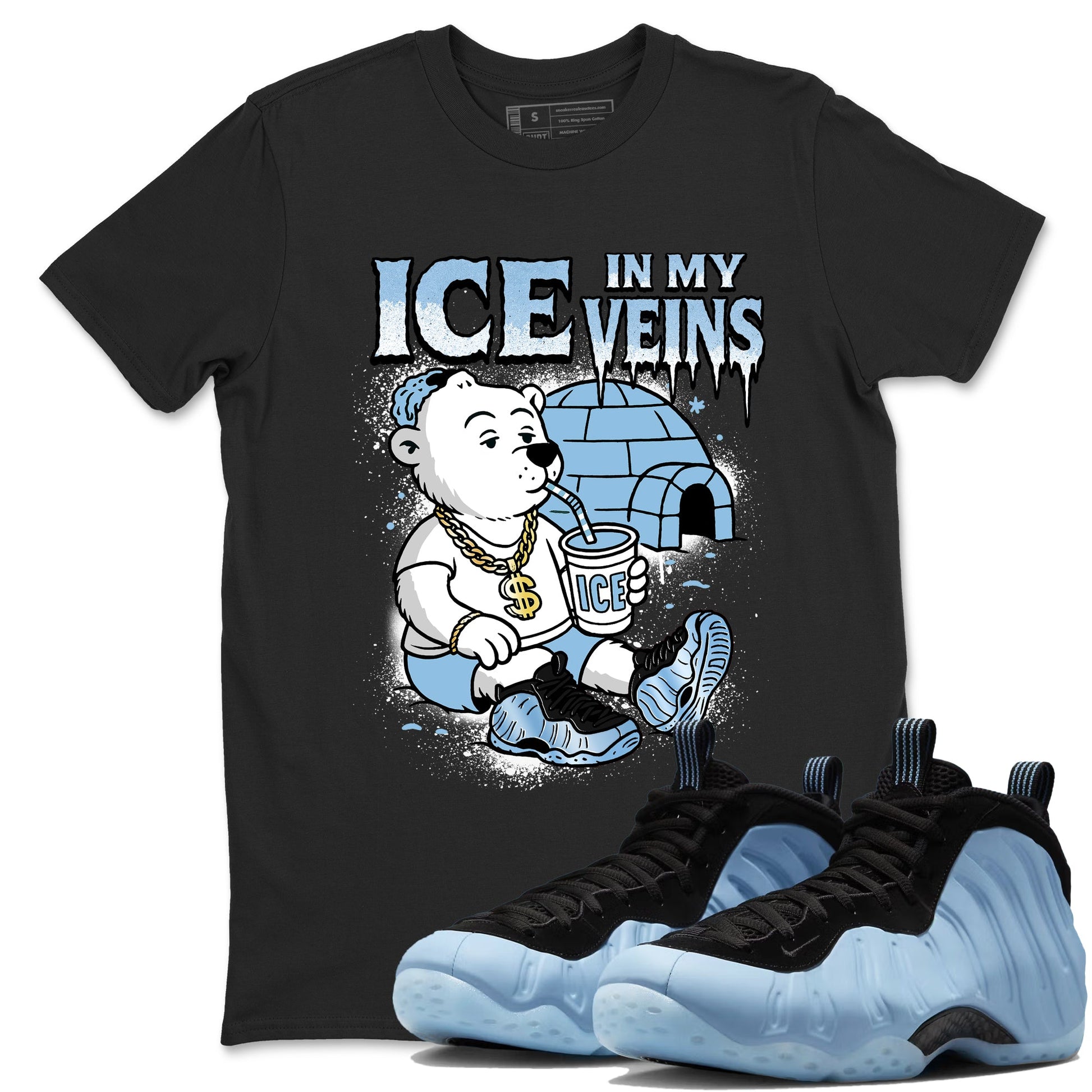 Ice In My Veins sneaker match t-shirt styled to complete your fit with the Air Foamposite One Psychic Blue sneakers, shown in Black 1.