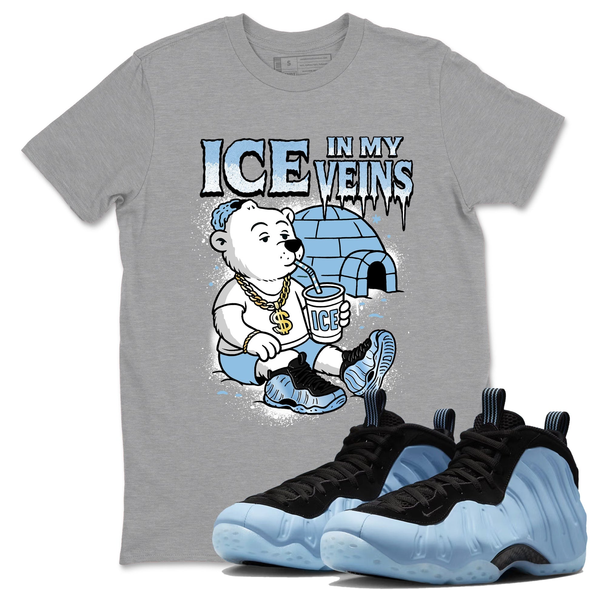 Ice In My Veins sneaker match t-shirt styled to complete your fit with the Air Foamposite One Psychic Blue sneakers, shown in Heather Grey 1.
