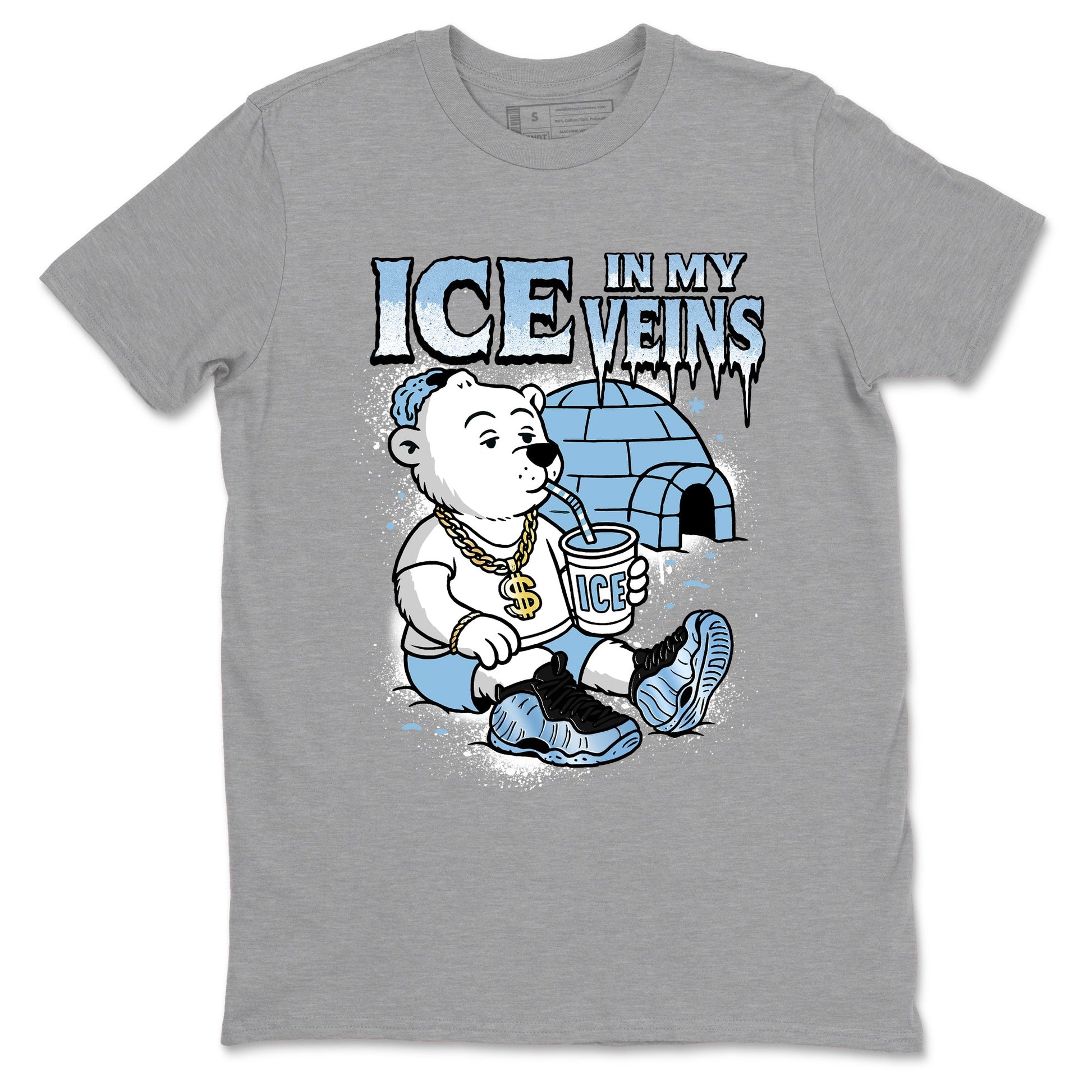 Ice In My Veins sneaker match t-shirt styled to complete your fit with the Air Foamposite One Psychic Blue sneakers, shown in Heather Grey 2.