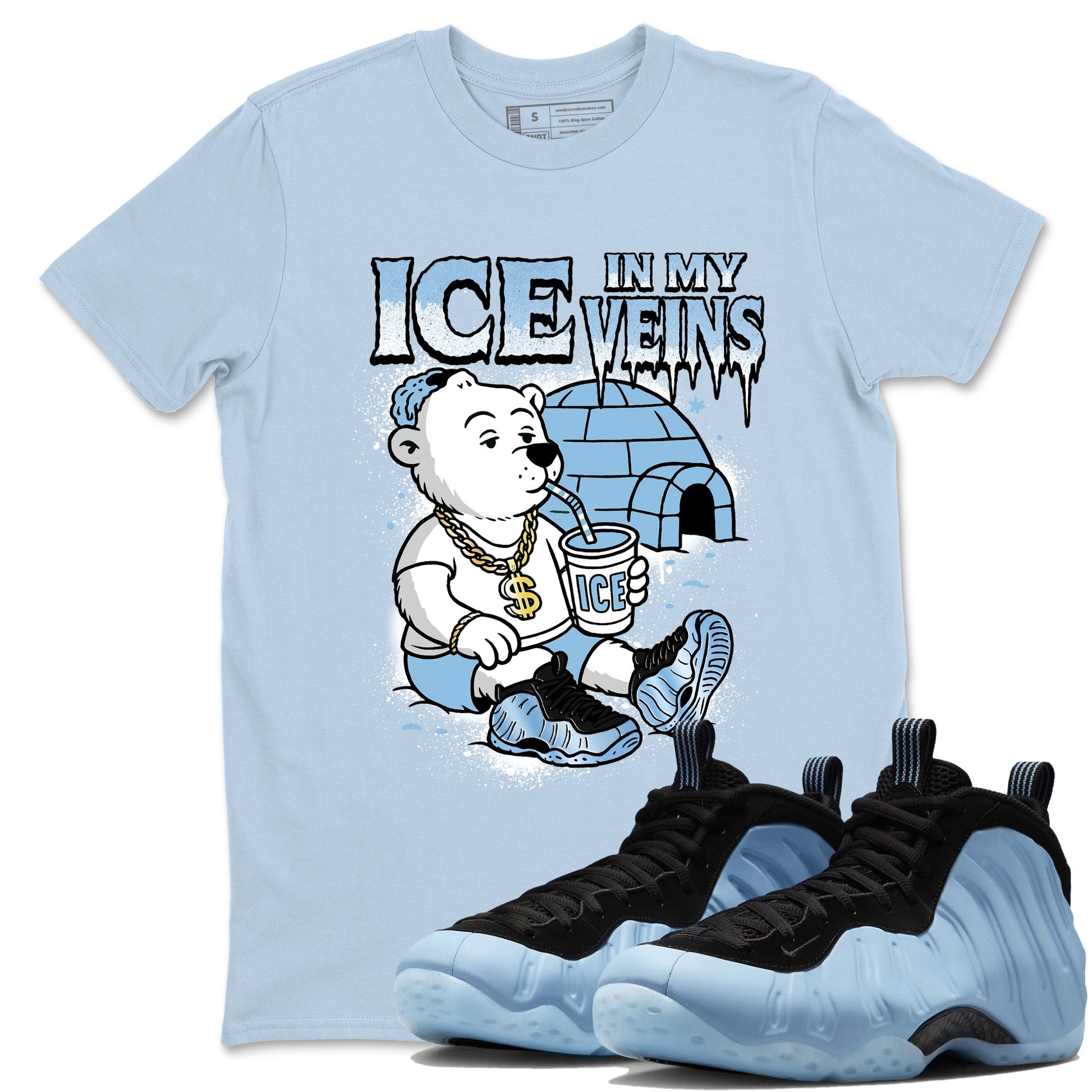Ice In My Veins sneaker match t-shirt styled to complete your fit with the Air Foamposite One Psychic Blue sneakers, shown in Light Blue 1.