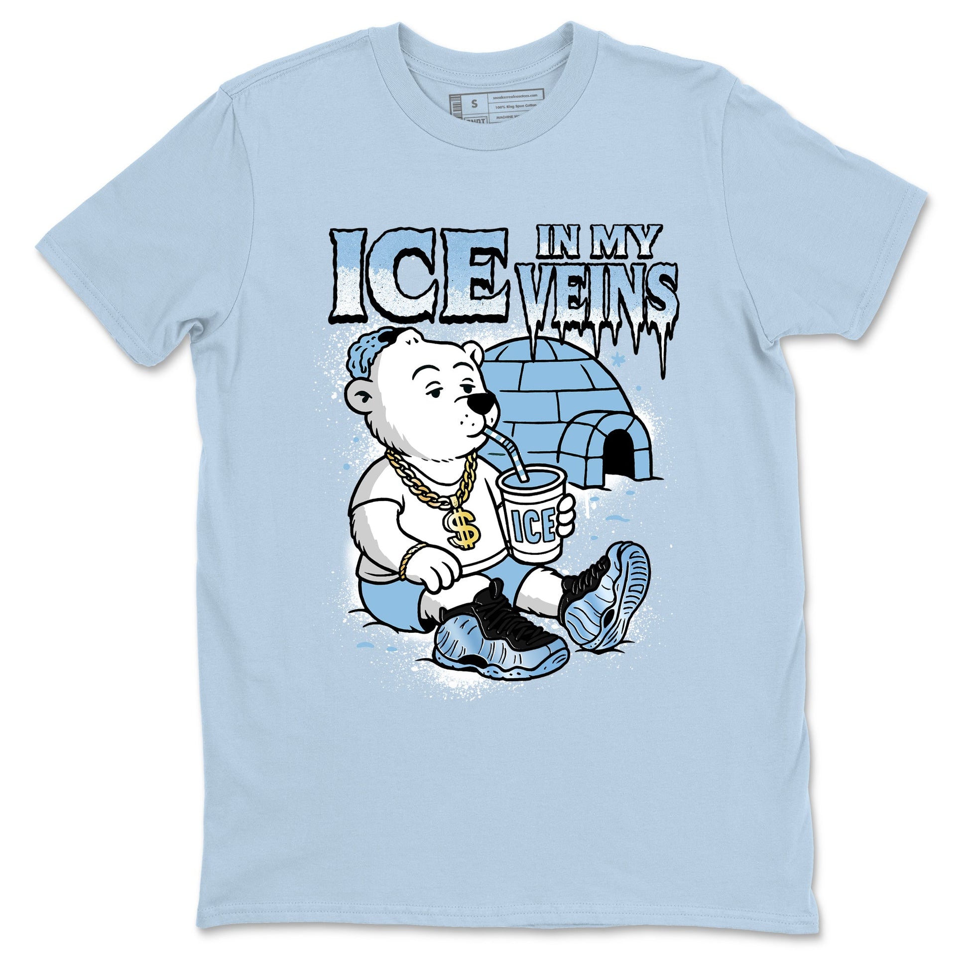 Ice In My Veins sneaker match t-shirt styled to complete your fit with the Air Foamposite One Psychic Blue sneakers, shown in Light Blue 2.