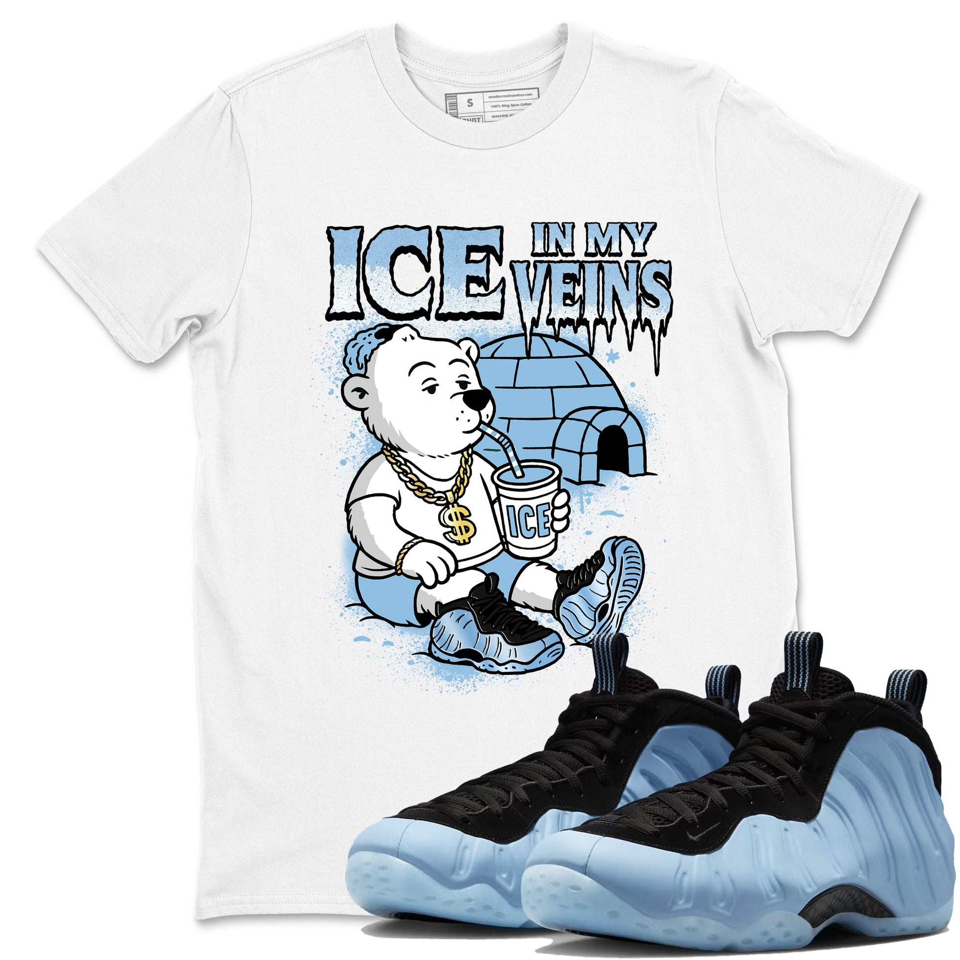 Ice In My Veins sneaker match t-shirt styled to complete your fit with the Air Foamposite One Psychic Blue sneakers, shown in White 1.