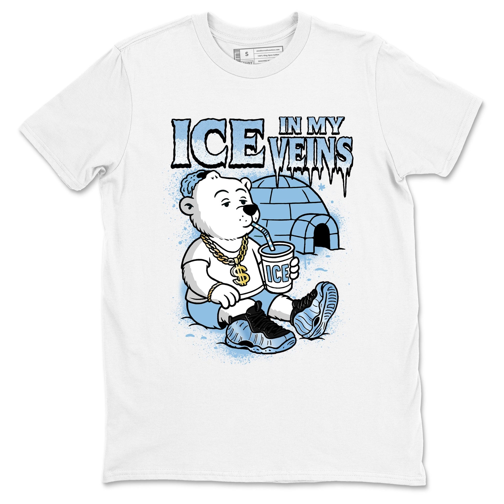Ice In My Veins sneaker match t-shirt styled to complete your fit with the Air Foamposite One Psychic Blue sneakers, shown in White 2.