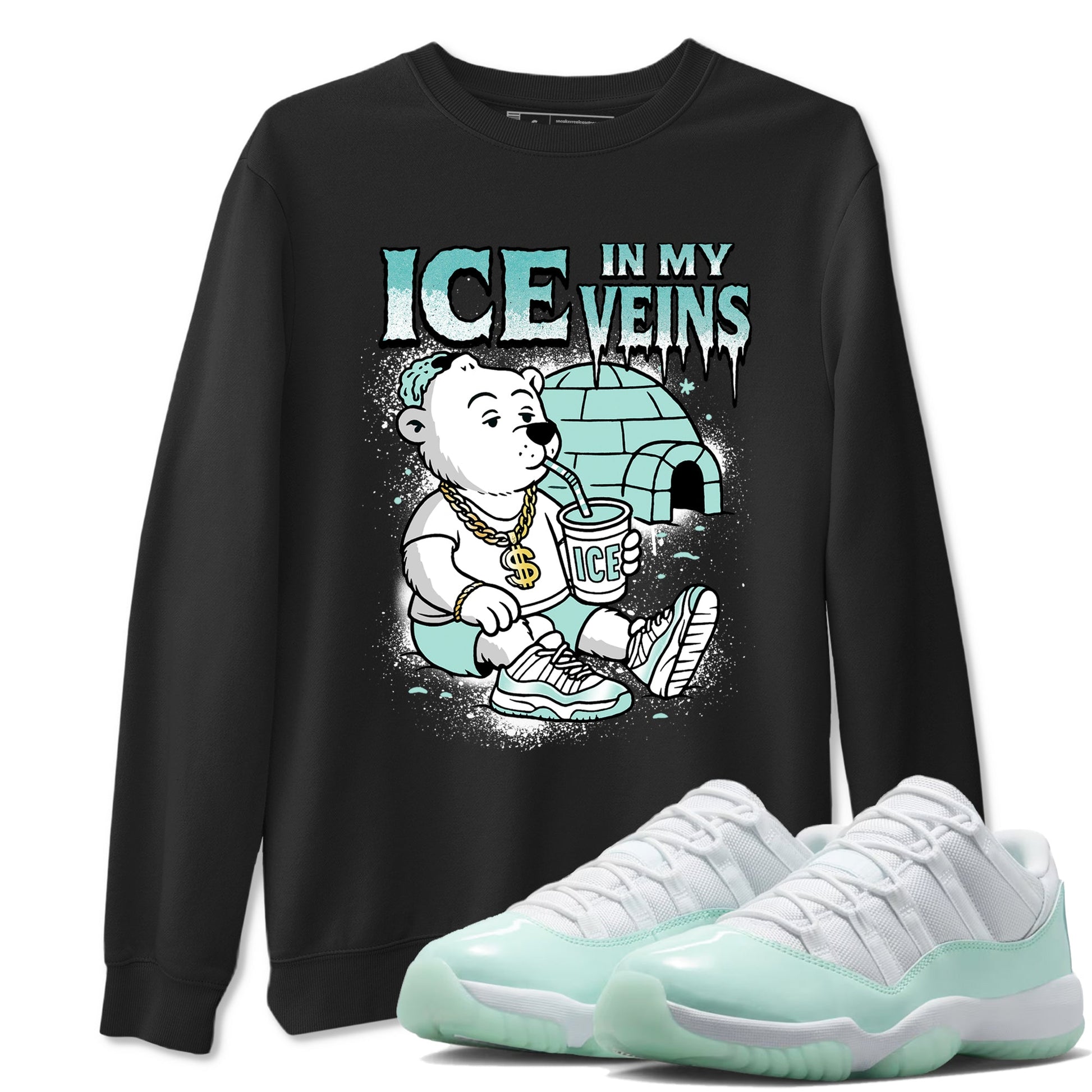 Ice In My Veins sneaker match t-shirt styled to complete your fit with the Air Jordan 11 Igloo sneakers, shown in Black 1.