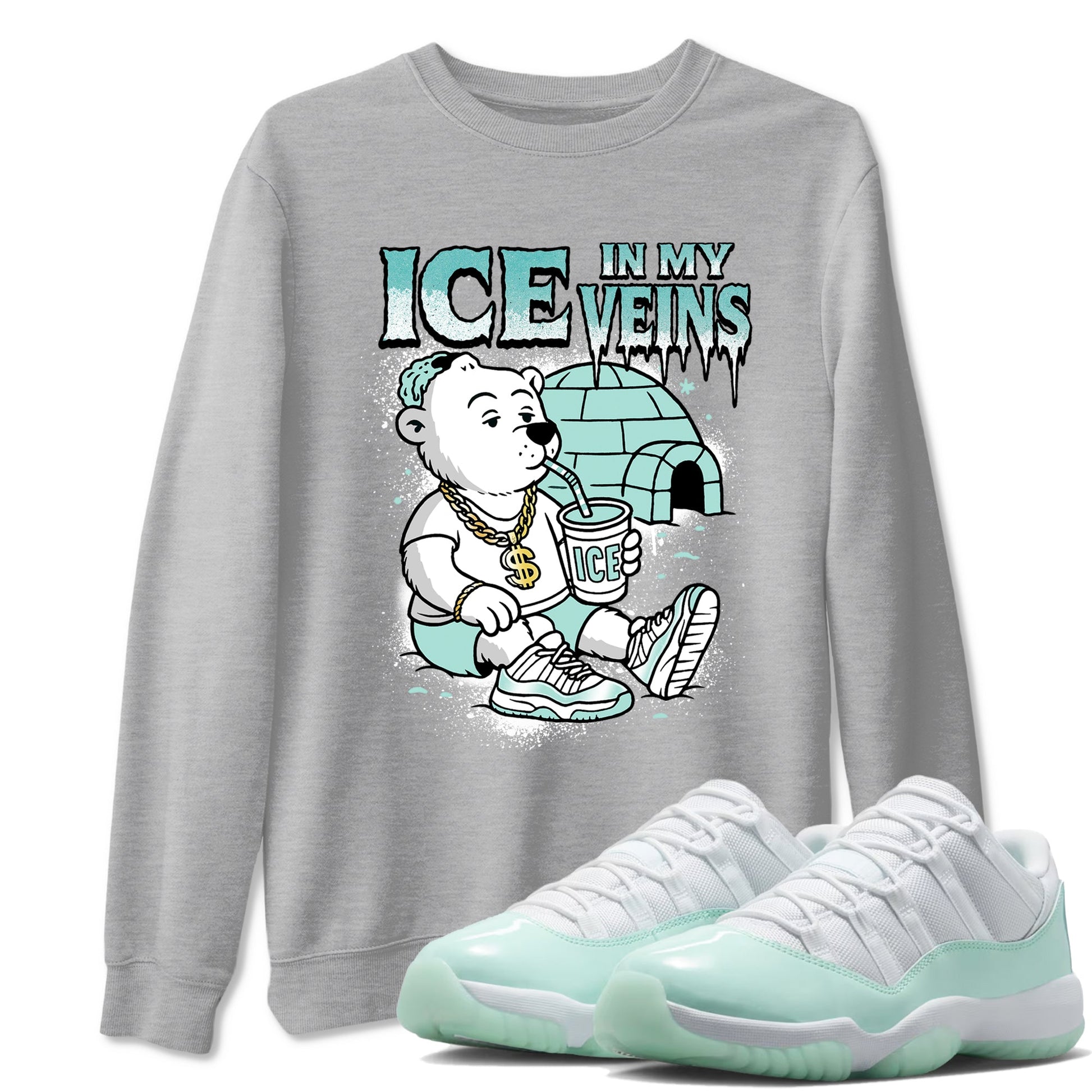 Ice In My Veins sneaker match t-shirt styled to complete your fit with the Air Jordan 11 Igloo sneakers, shown in Heather Grey 1.