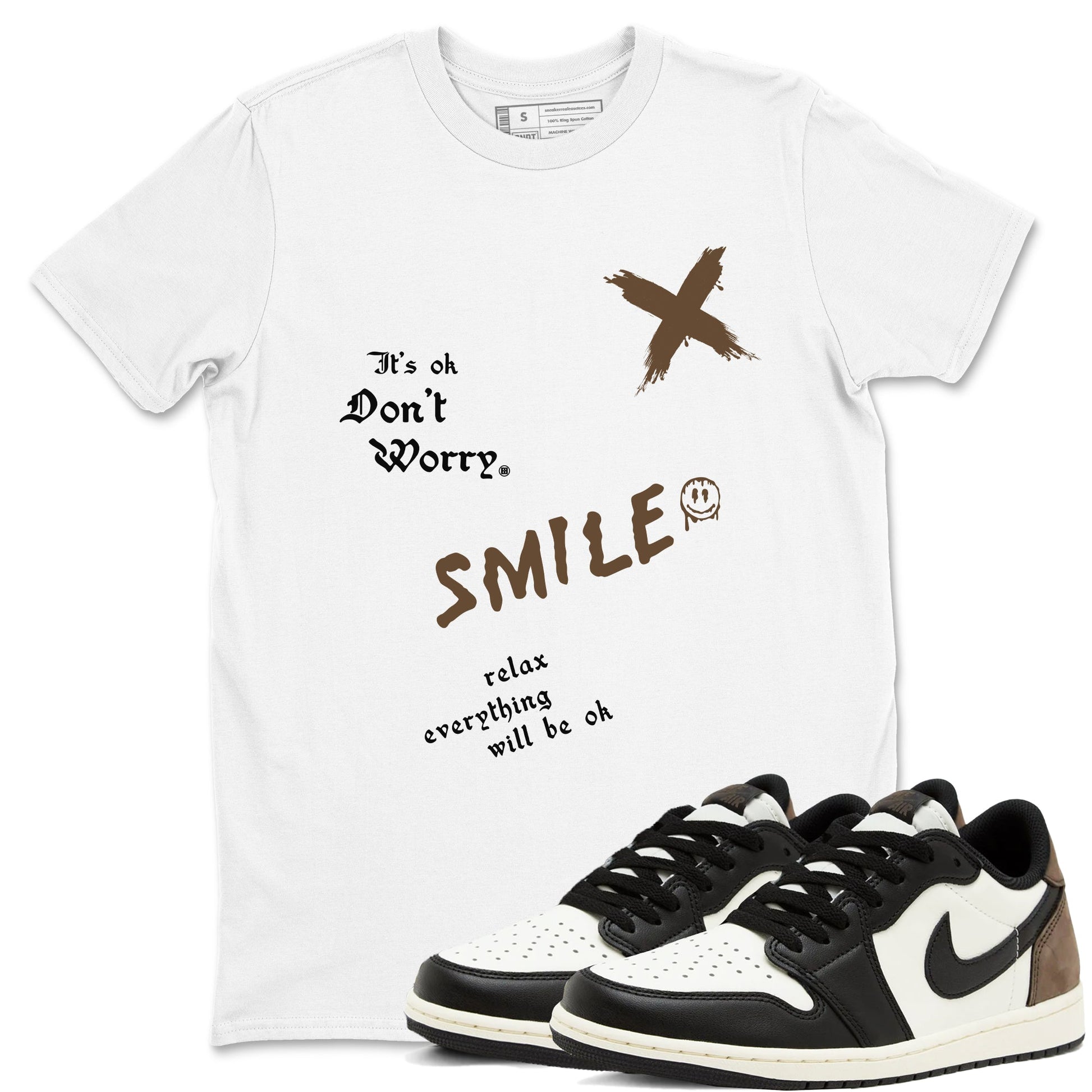 1s Mocha shirts to match jordans It's Ok Don't Worry sneaker match tees Air Jordan 1 Mocha SNRT Sneaker Release Tees unisex cotton White 1 crew neck shirts