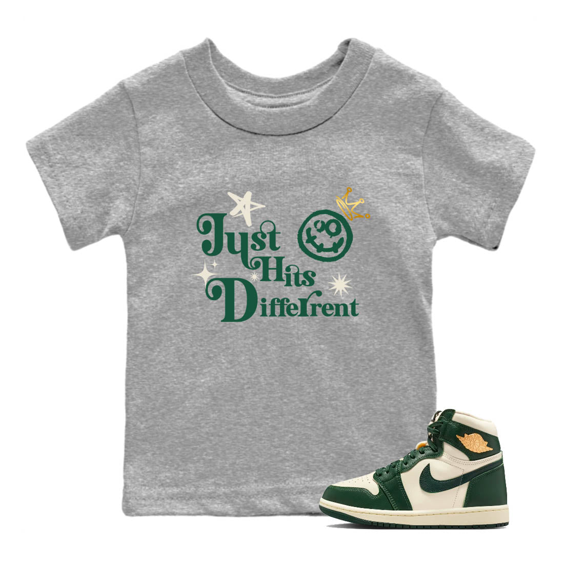Sneaker Threads – Sneaker Tees To Match Air Jordan 1 Pro Green – Just Hits Different Youth Graphic Tee Heather Grey 1. Perfect for Jordan releases 2025 colorways.