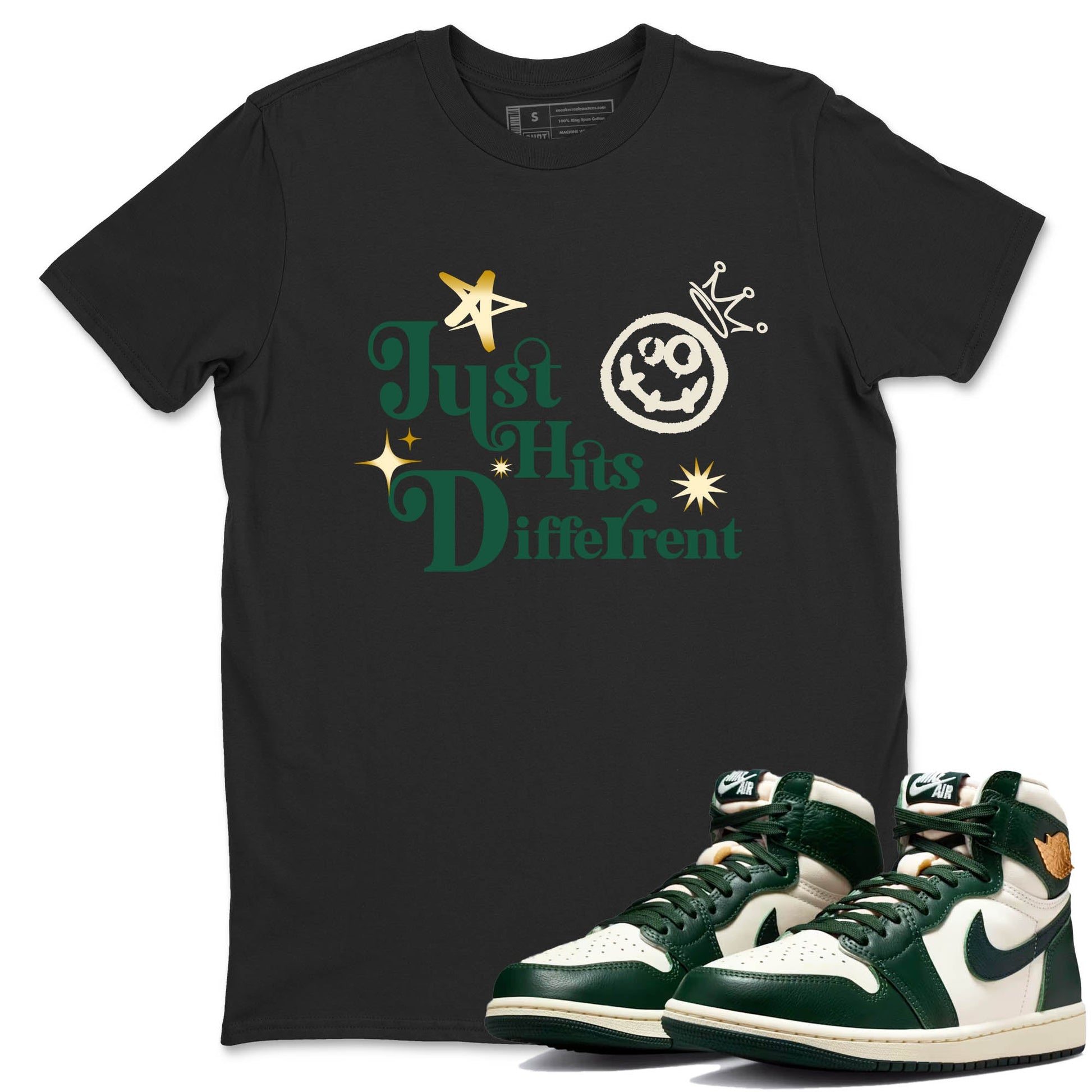 Sneaker Threads – Sneaker Tees To Match Air Jordan 1 Pro Green – Just Hits Different Graphic Tee Black 1. Perfect for Jordan releases 2025 colorways.