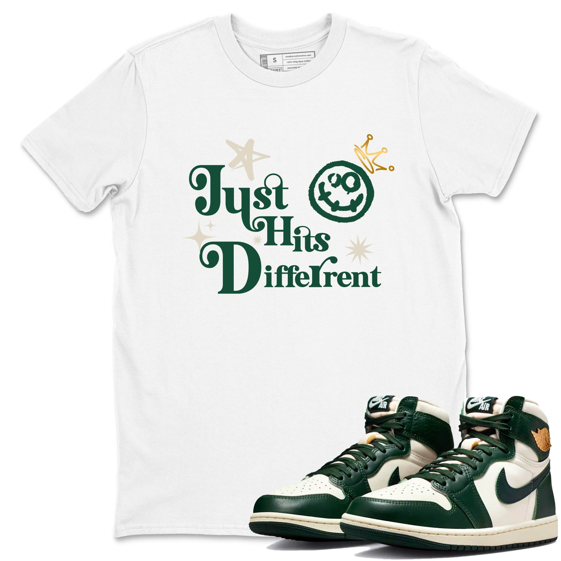 Sneaker Threads – Sneaker Tees To Match Air Jordan 1 Pro Green – Just Hits Different Graphic Tee White 1. Perfect for Jordan releases 2025 colorways.