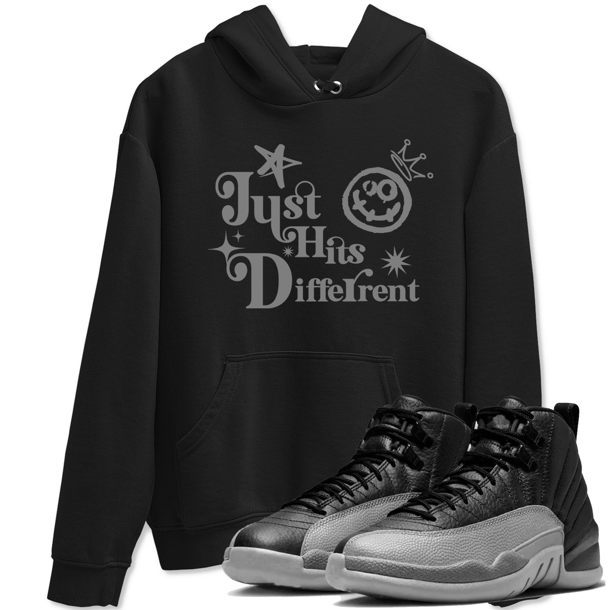 12s Black Wolf Grey shirts to match jordans Just Hits Different sneaker match tees Air Jordan 12 Barons match shoes to clothes SNRT Sneaker Tees unisex cotton Black 1 shirts