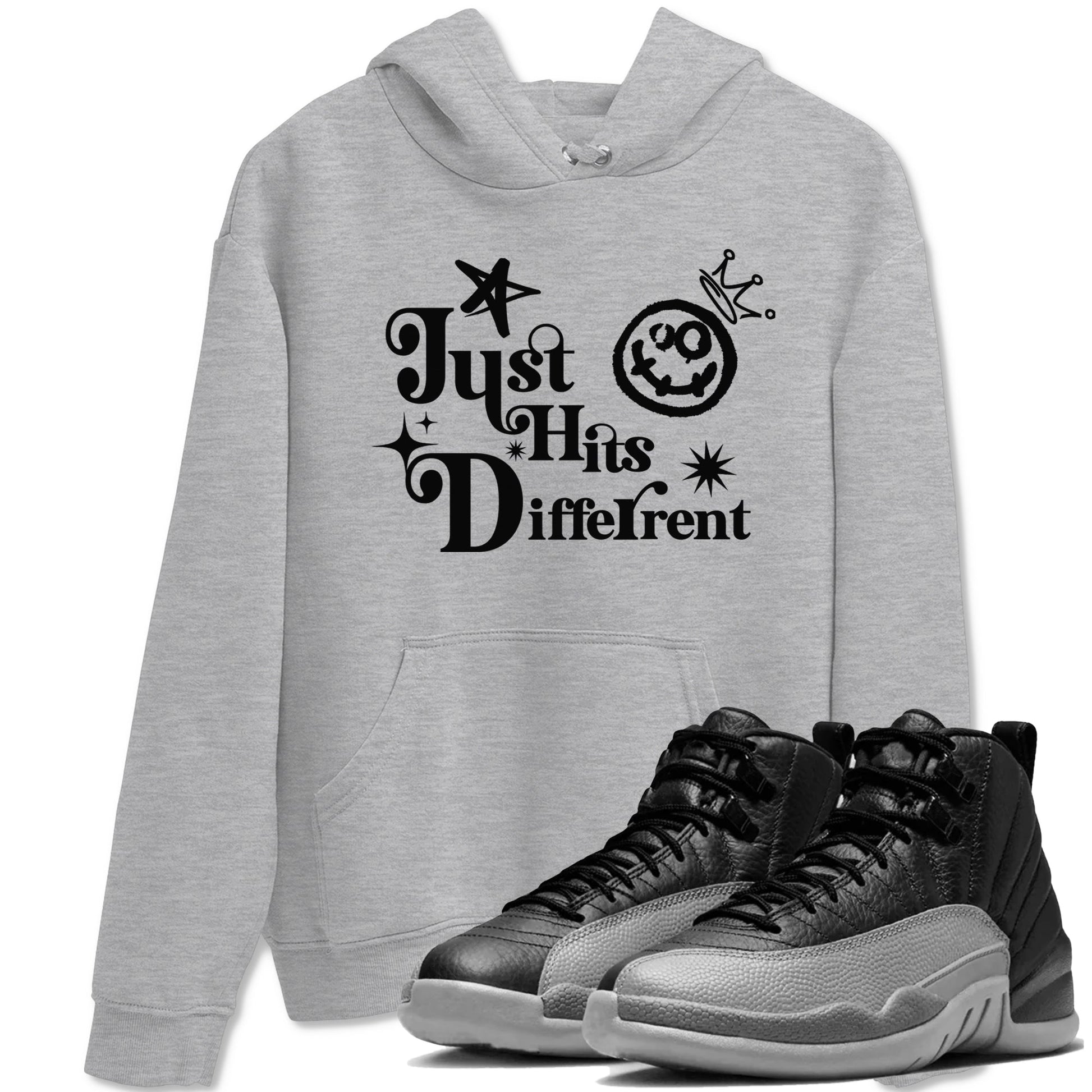 12s Black Wolf Grey shirts to match jordans Just Hits Different sneaker match tees Air Jordan 12 Barons match shoes to clothes SNRT Sneaker Tees unisex cotton Heather Grey 1 shirts