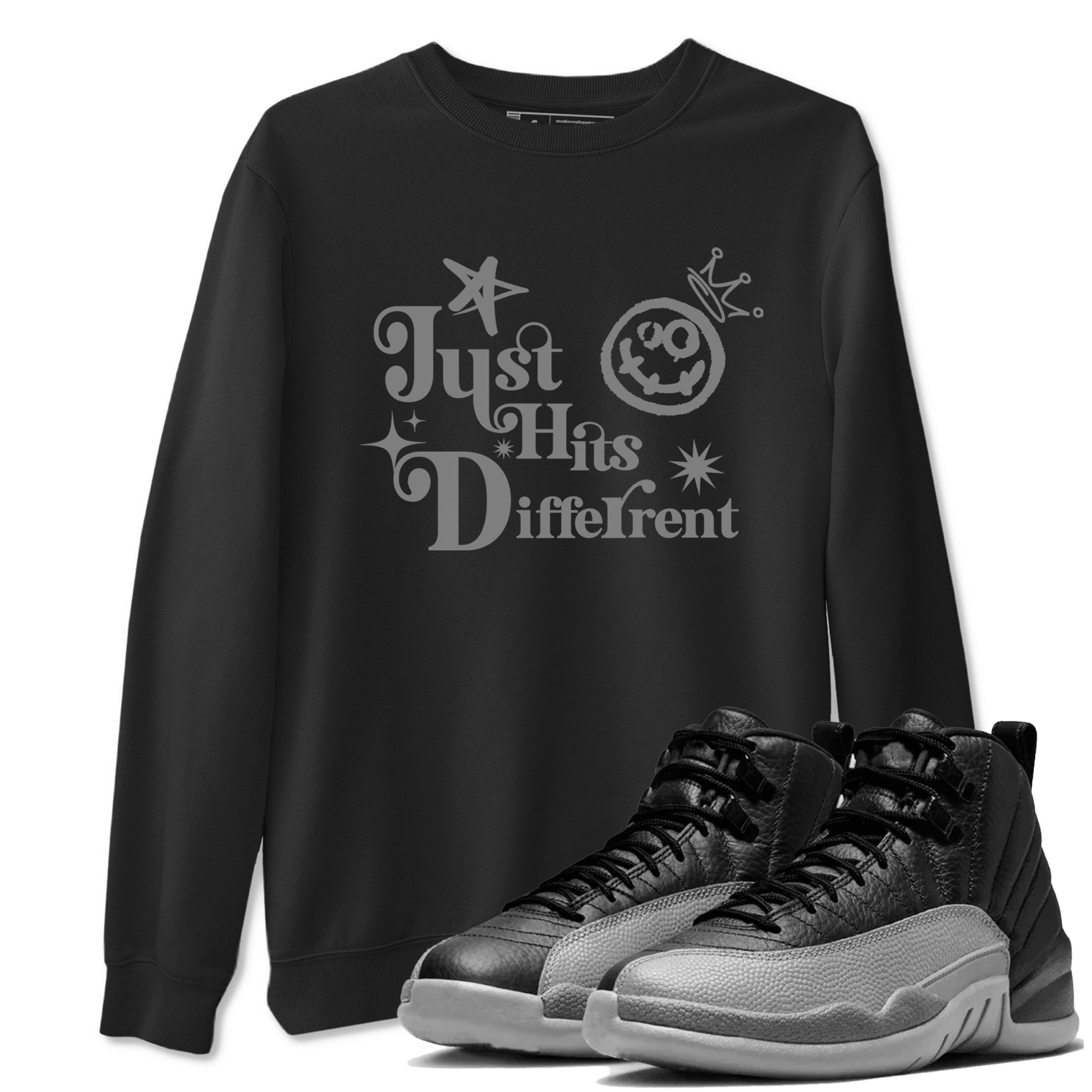 12s Black Wolf Grey shirts to match jordans Just Hits Different sneaker match tees Air Jordan 12 Barons match shoes to clothes SNRT Sneaker Tees unisex cotton Black 1 shirts