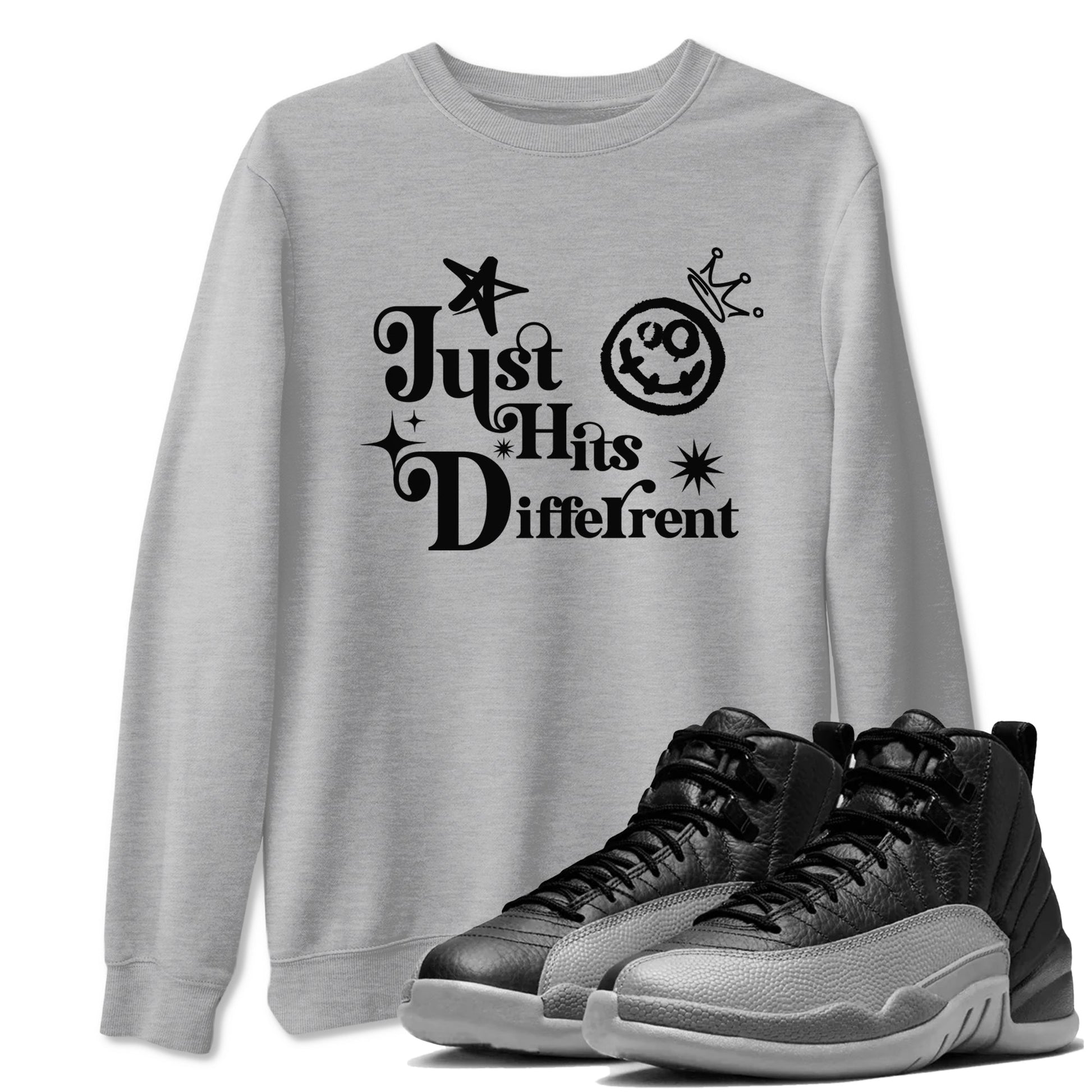 12s Black Wolf Grey shirts to match jordans Just Hits Different sneaker match tees Air Jordan 12 Barons match shoes to clothes SNRT Sneaker Tees unisex cotton Heather Grey 1 shirts