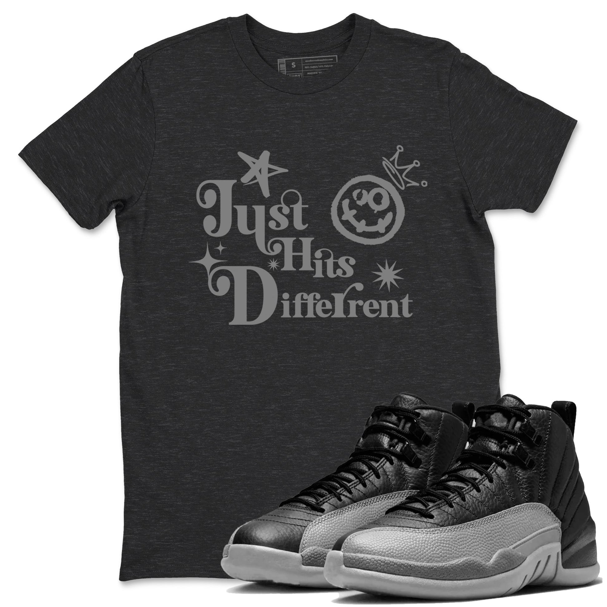 12s Black Wolf Grey shirts to match jordans Just Hits Different sneaker match tees Air Jordan 12 Barons match shoes to clothes SNRT Sneaker Tees unisex cotton Charcoal Heather 1 shirts