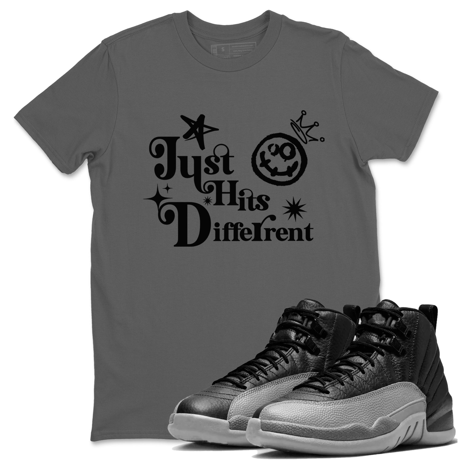 12s Black Wolf Grey shirts to match jordans Just Hits Different sneaker match tees Air Jordan 12 Barons match shoes to clothes SNRT Sneaker Tees unisex cotton Cool Grey 1 shirts
