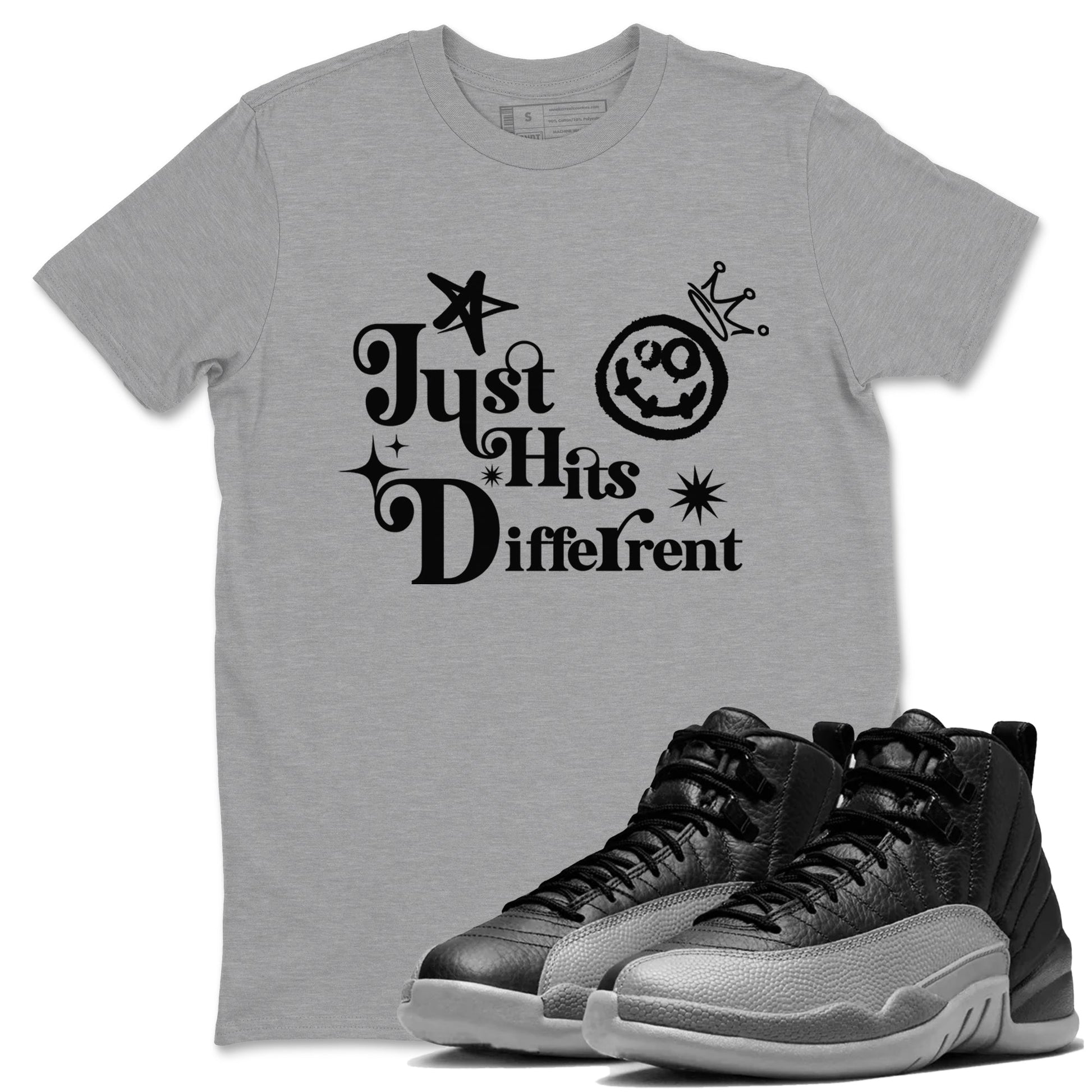 12s Black Wolf Grey shirts to match jordans Just Hits Different sneaker match tees Air Jordan 12 Barons match shoes to clothes SNRT Sneaker Tees unisex cotton Heather Grey 1 shirts