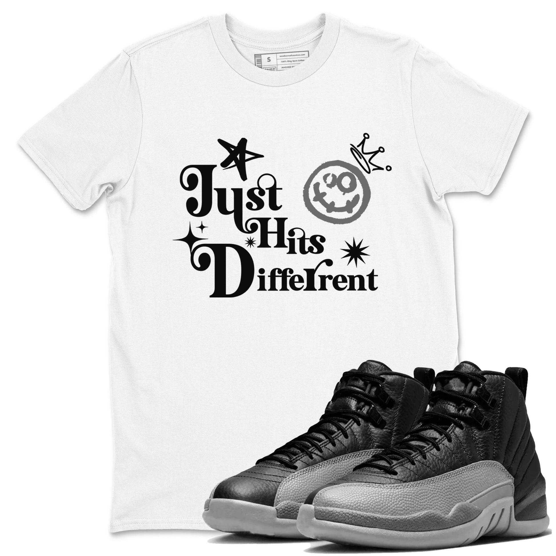 12s Black Wolf Grey shirts to match jordans Just Hits Different sneaker match tees Air Jordan 12 Barons match shoes to clothes SNRT Sneaker Tees unisex cotton White 1 shirts