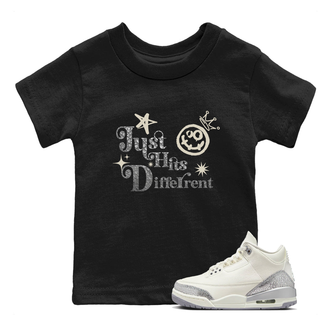 3s Sail and Cement Grey shirts to match jordans Just Hits Different sneaker match tees Air Jordan 3 Retro Sail and Cement Grey match shoes to clothes SNRT Sneaker Tees Youth Baby Black 1 tee