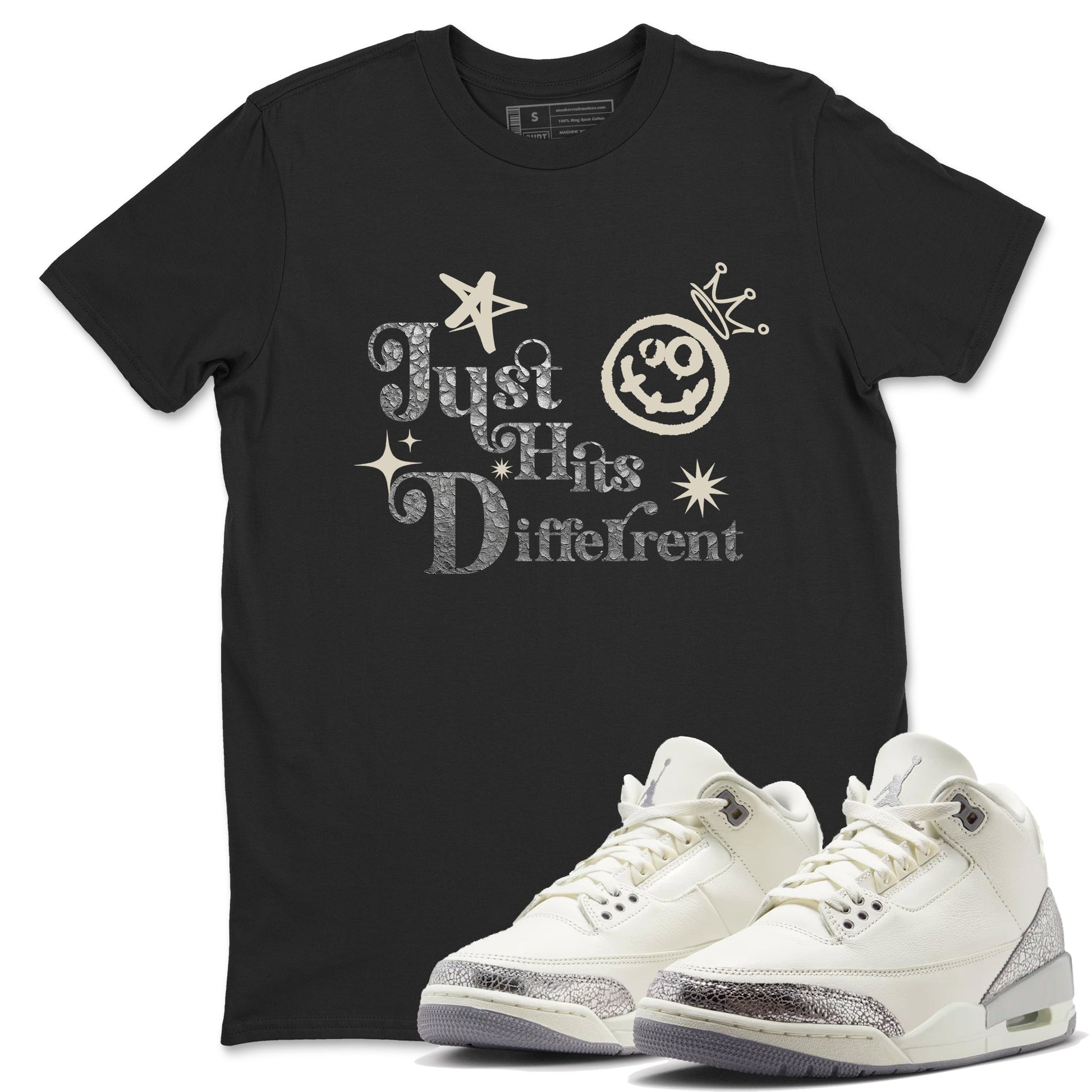 3s Sail and Cement Grey shirts to match jordans Just Hits Different sneaker match tees Air Jordan 3 Retro Sail and Cement Grey match shoes to clothes SNRT Sneaker Tees unisex cotton Black 1 shirts