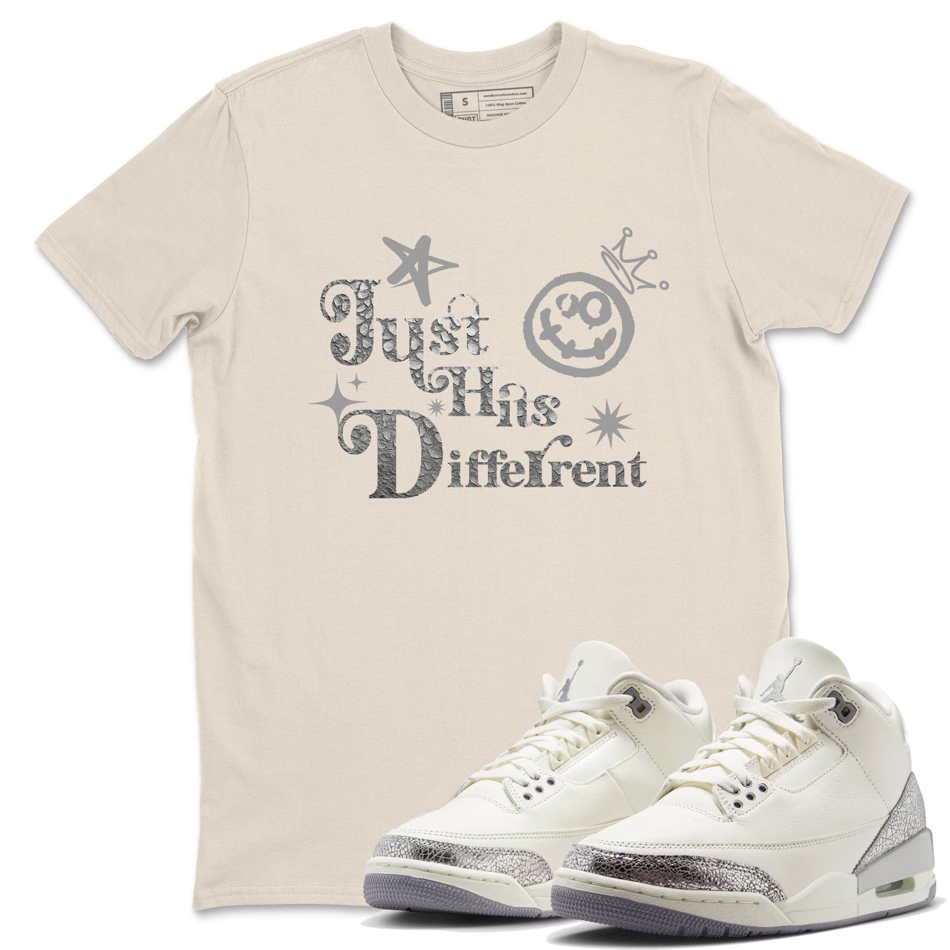 3s Sail and Cement Grey shirts to match jordans Just Hits Different sneaker match tees Air Jordan 3 Retro Sail and Cement Grey match shoes to clothes SNRT Sneaker Tees unisex cotton Natural 1 shirts