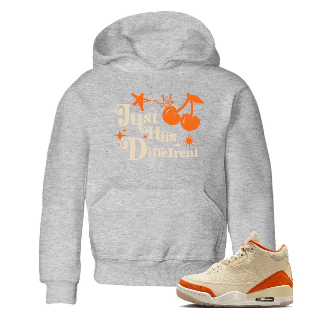 Just Hits Different baby and kids t-shirt crafted for little sneakerheads to shine with the Air Jordan 3 Starfish sneakers, displayed in Heather Grey 1.