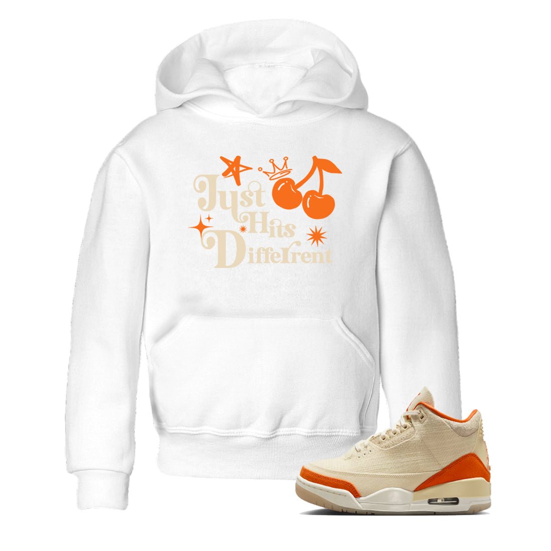 Just Hits Different baby and kids t-shirt crafted for little sneakerheads to shine with the Air Jordan 3 Starfish sneakers, displayed in White 1.