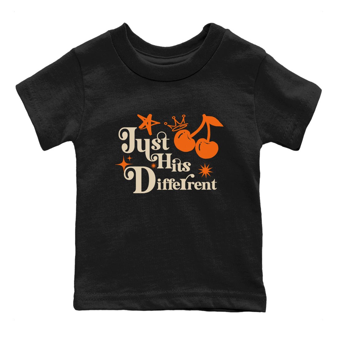Just Hits Different baby and kids t-shirt crafted for little sneakerheads to shine with the Air Jordan 3 Starfish sneakers, displayed in Black 2.