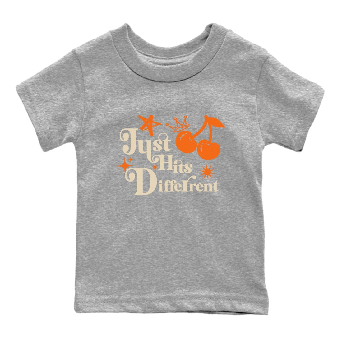 Just Hits Different baby and kids t-shirt crafted for little sneakerheads to shine with the Air Jordan 3 Starfish sneakers, displayed in Heather Grey 2.