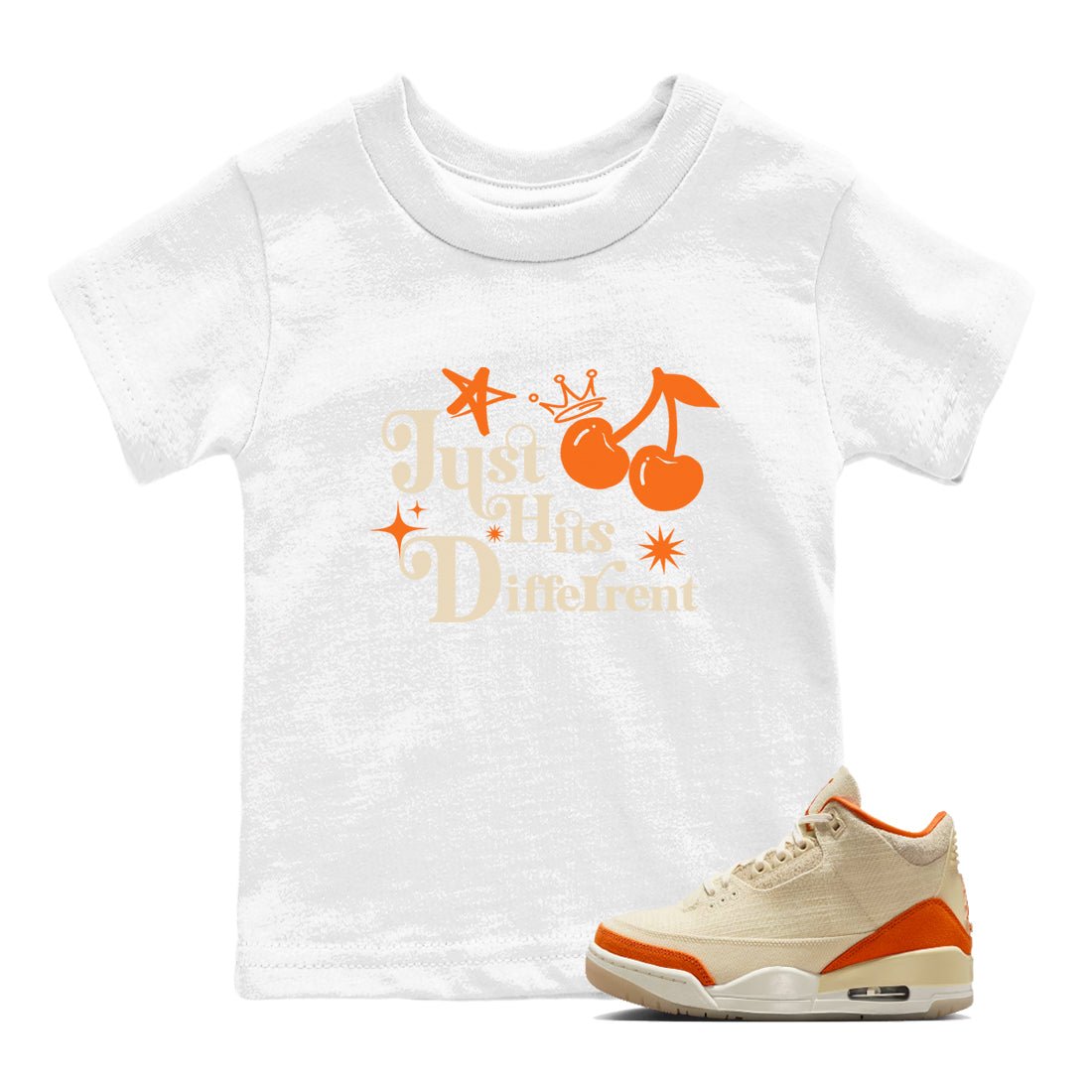 Just Hits Different baby and kids t-shirt crafted for little sneakerheads to shine with the Air Jordan 3 Starfish sneakers, displayed in White 1.
