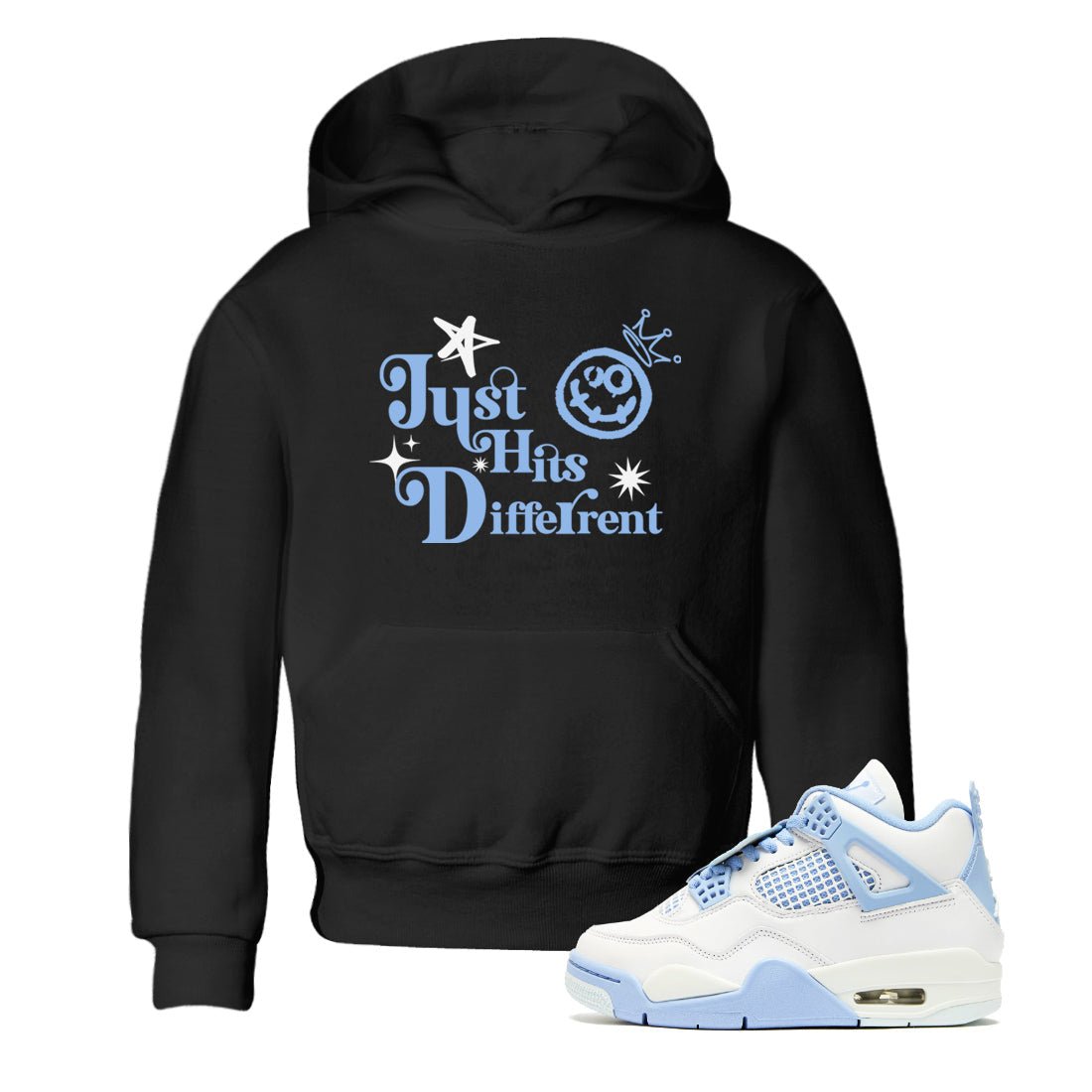 Just Hits Different baby and kids t-shirt crafted for little sneakerheads to shine with the Air Jordan 4 Aluminum sneakers, displayed in Black 1.