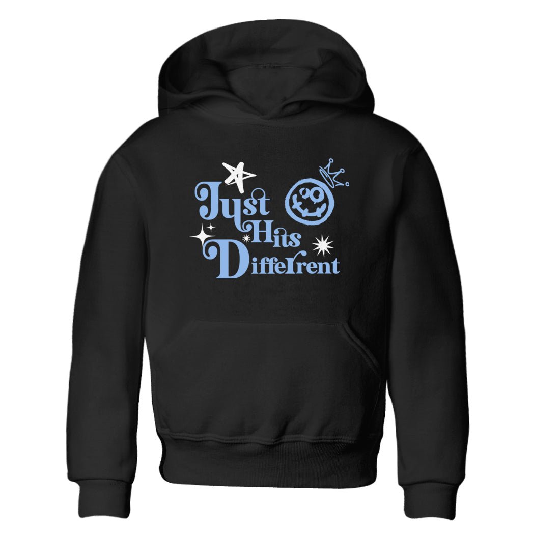 Just Hits Different baby and kids t-shirt crafted for little sneakerheads to shine with the Air Jordan 4 Aluminum sneakers, displayed in Black 2.