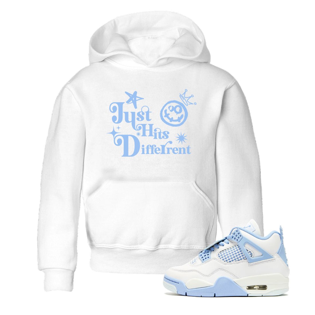 Just Hits Different baby and kids t-shirt crafted for little sneakerheads to shine with the Air Jordan 4 Aluminum sneakers, displayed in White 1.