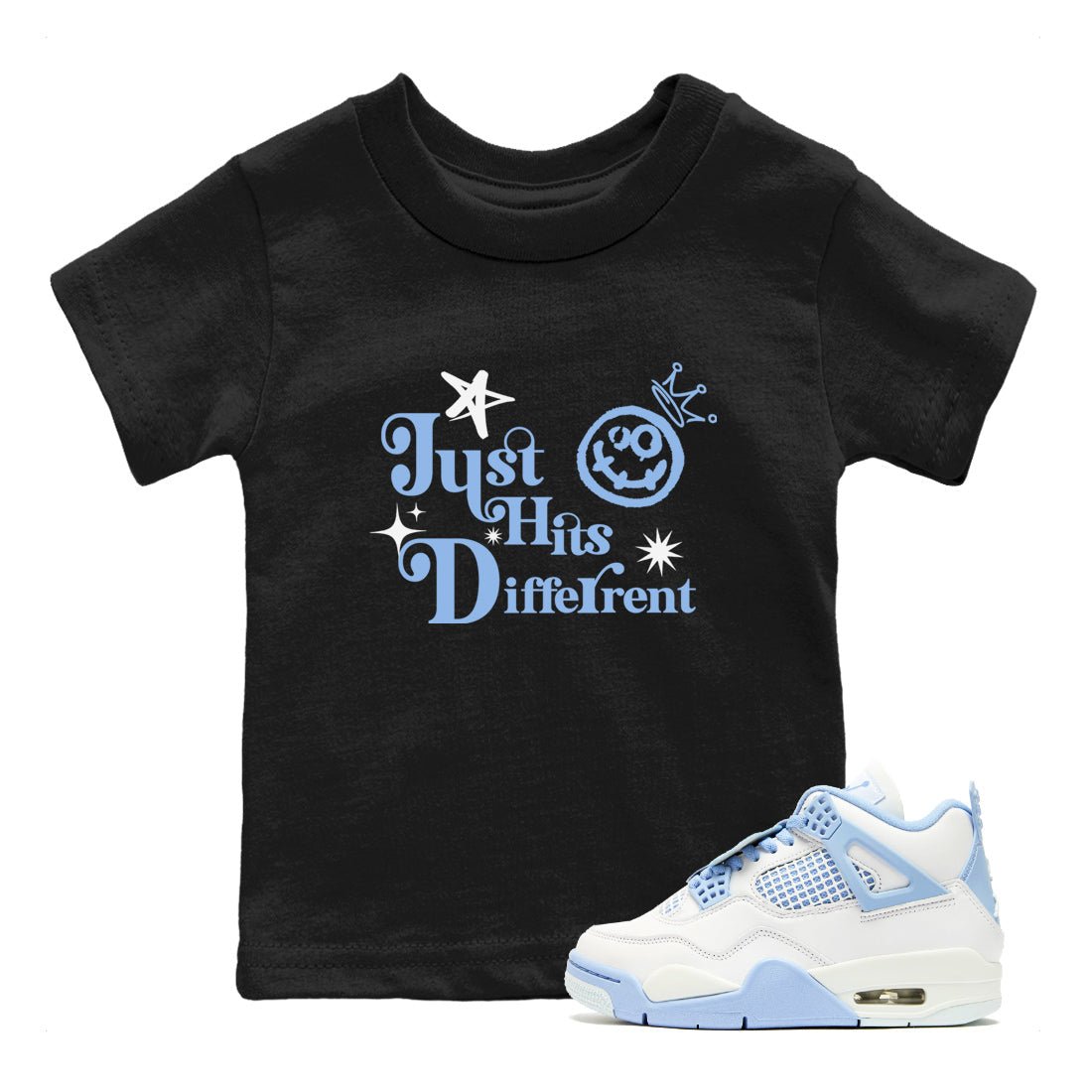 Just Hits Different baby and kids t-shirt crafted for little sneakerheads to shine with the Air Jordan 4 Aluminum sneakers, displayed in Black 1.