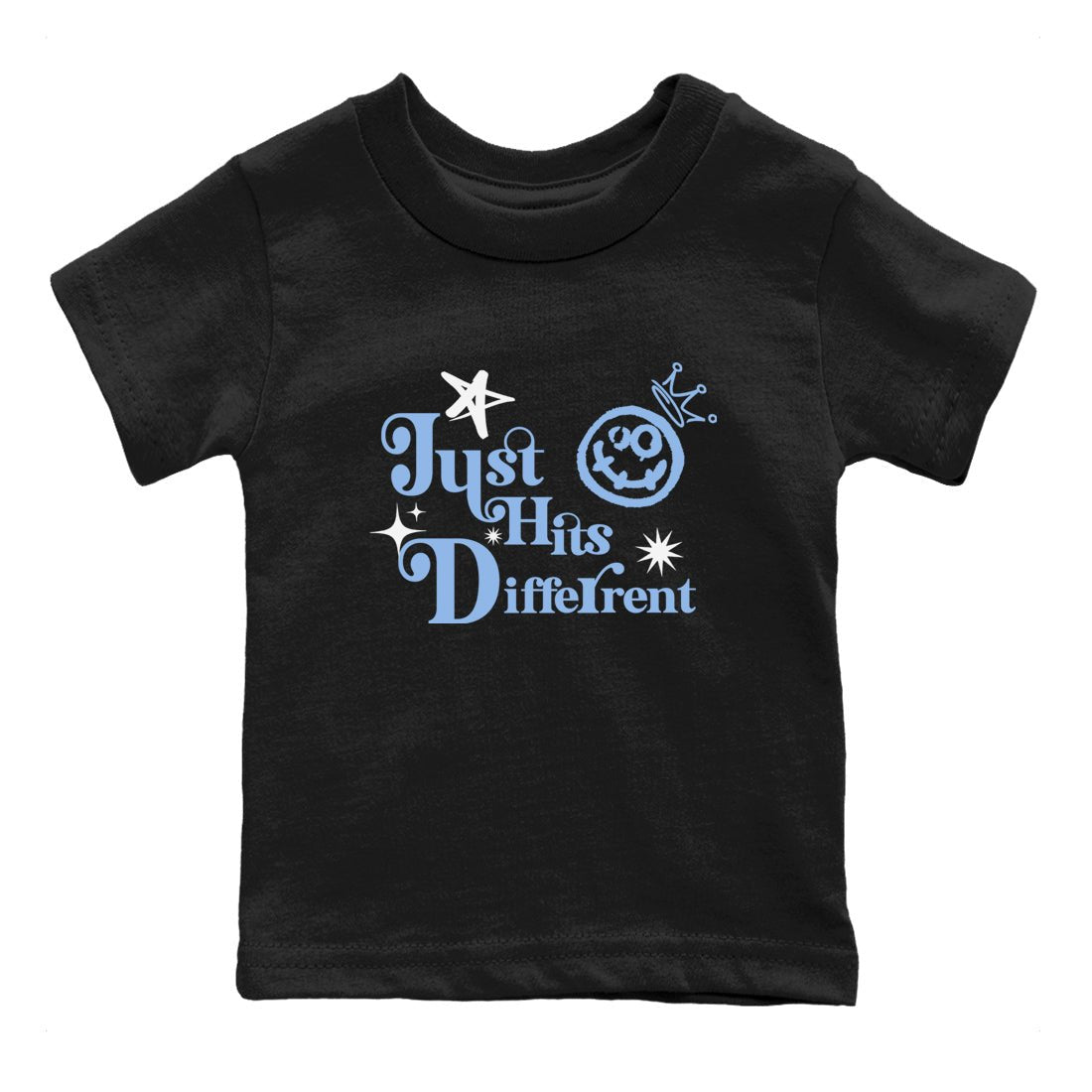 Just Hits Different baby and kids t-shirt crafted for little sneakerheads to shine with the Air Jordan 4 Aluminum sneakers, displayed in Black 2.