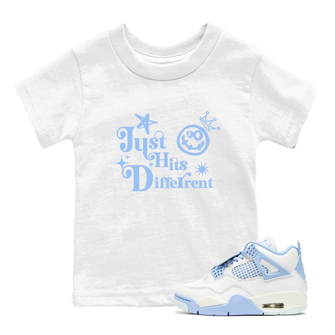Just Hits Different baby and kids t-shirt crafted for little sneakerheads to shine with the Air Jordan 4 Aluminum sneakers, displayed in White 1.