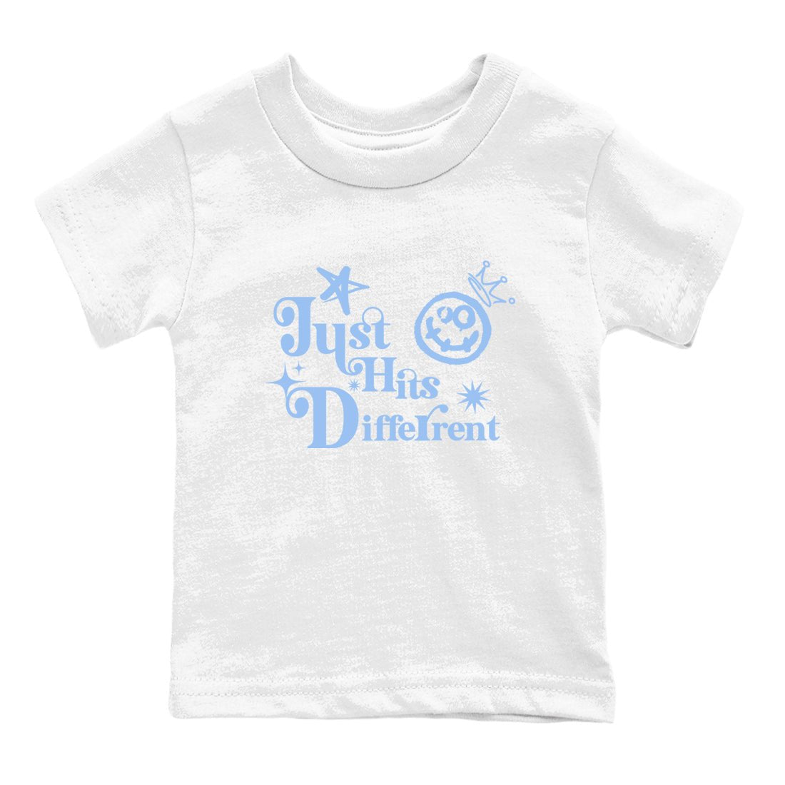 Just Hits Different baby and kids t-shirt crafted for little sneakerheads to shine with the Air Jordan 4 Aluminum sneakers, displayed in White 2.