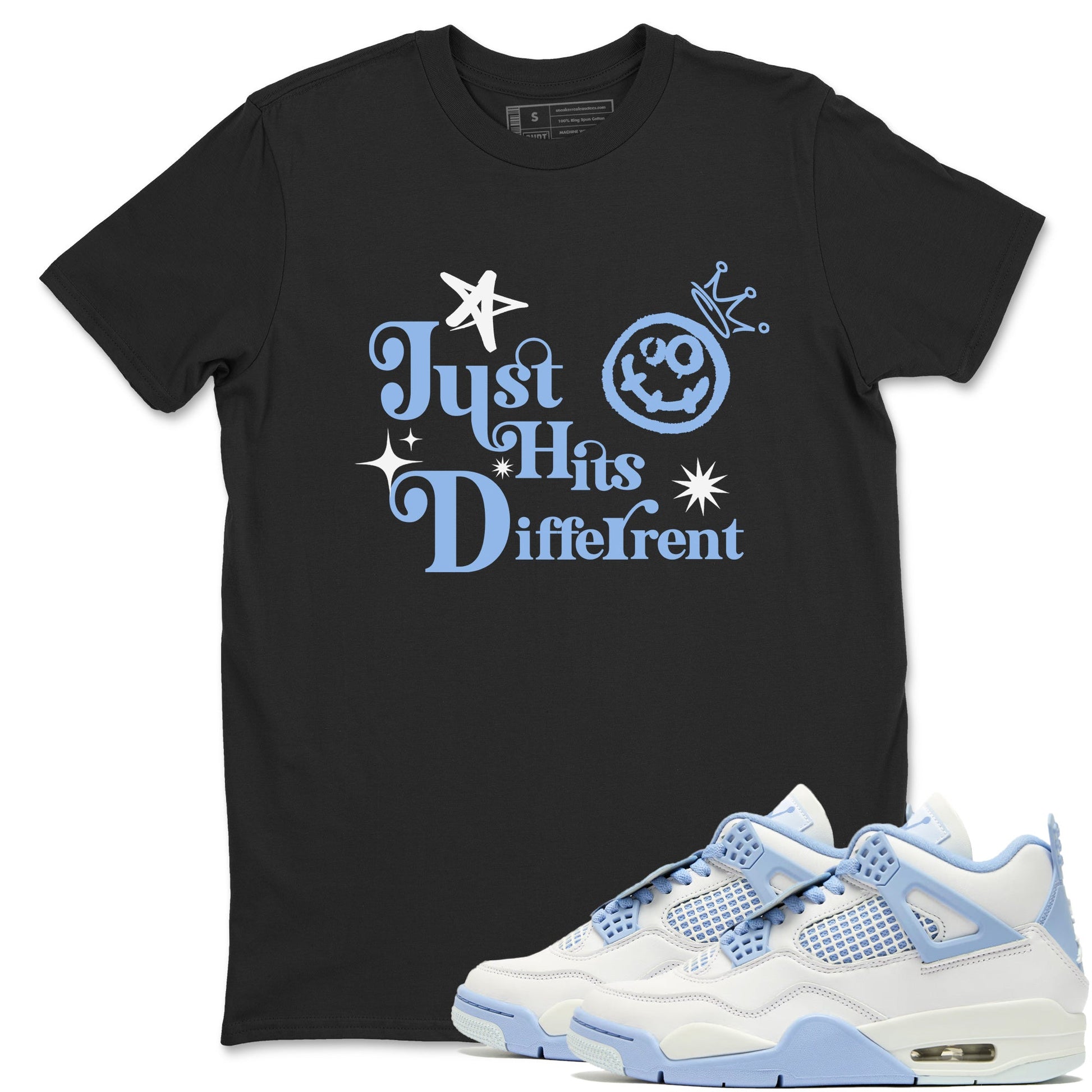 Just Hits Different sneaker match t-shirt styled to complete your fit with the Air Jordan 4 Aluminum sneakers, shown in Black 1.