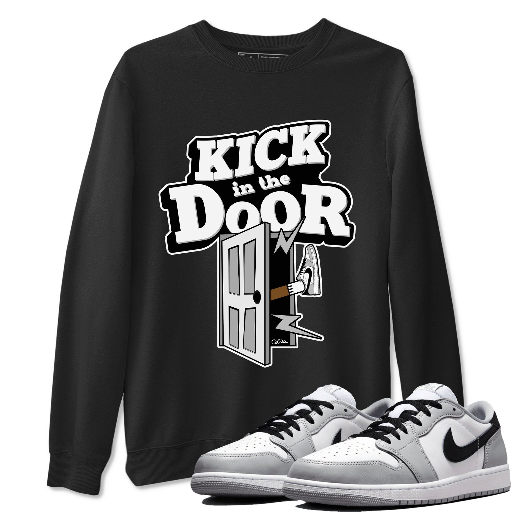 1s Wolf Grey shirts to match jordans Kick In The Door sneaker match tees Air Jordan 1 Wolf Grey SNRT Sneaker Tees streetwear brand Black 1 unisex cotton tee