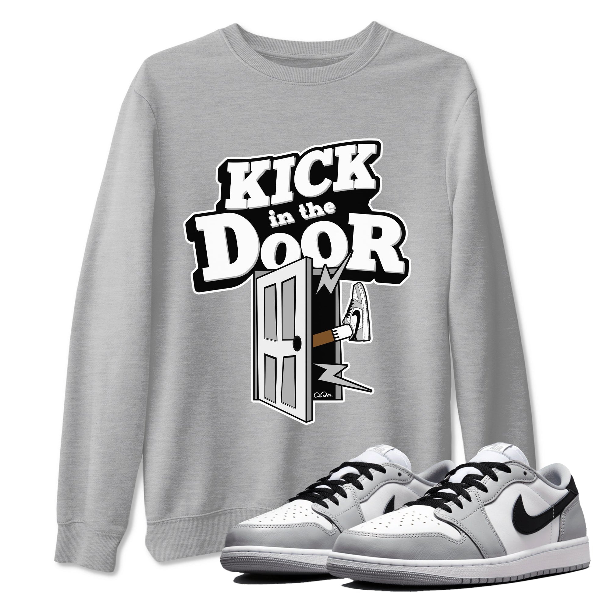 1s Wolf Grey shirts to match jordans Kick In The Door sneaker match tees Air Jordan 1 Wolf Grey SNRT Sneaker Tees streetwear brand Heather Grey 1 unisex cotton tee